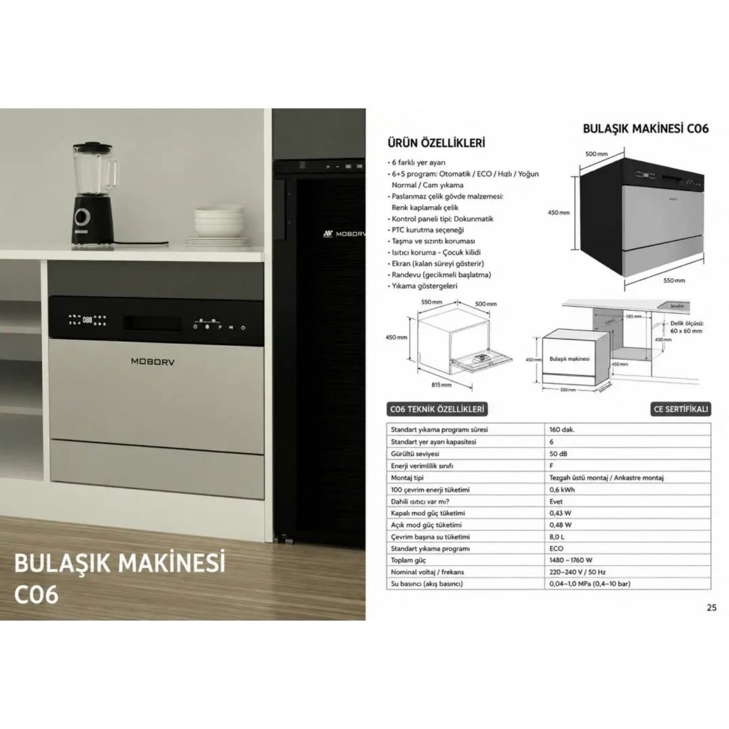 MoboRV C06 6 Kişilik PTC Kurutmalı Karavan Bulaşık Makinesi 220V – Ankastre / Tezgah Üstü