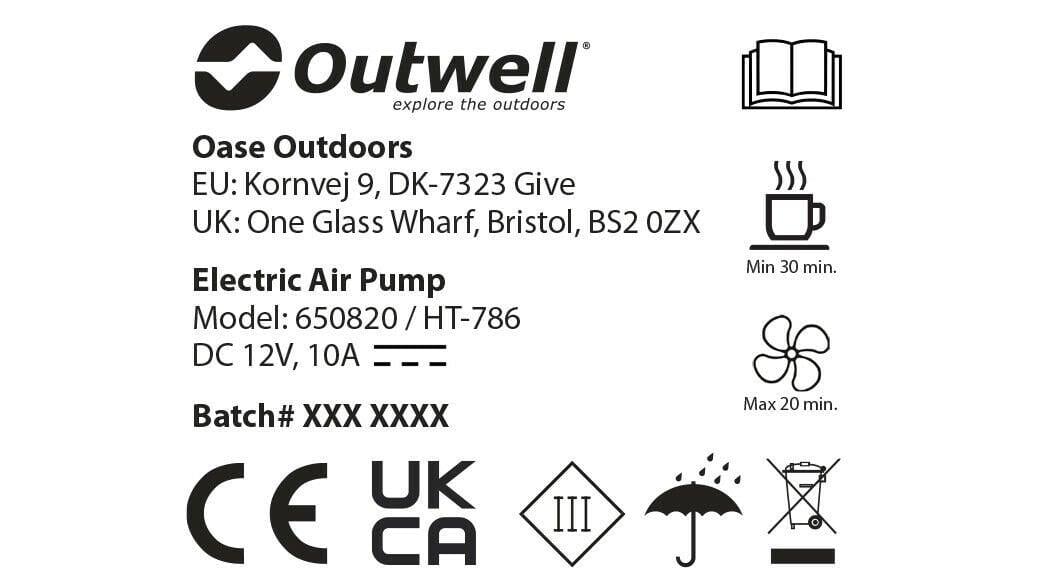 Outwell Squall Tent Pump 12V Şişirilebilir Çadır Pompası