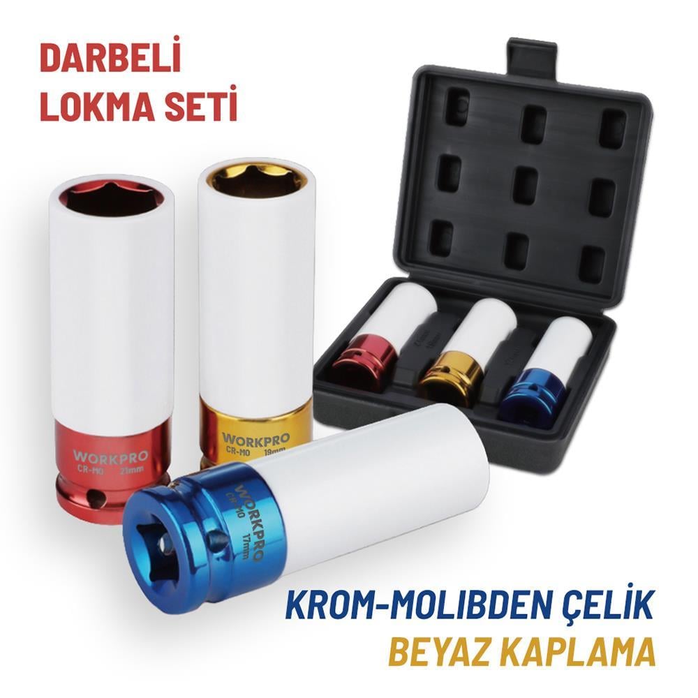 WORKPRO WP202591 17/19/21mm 3 Parça 1/2‘’ Cr-Mo Profesyonel Darbeli Derin Lokma Seti