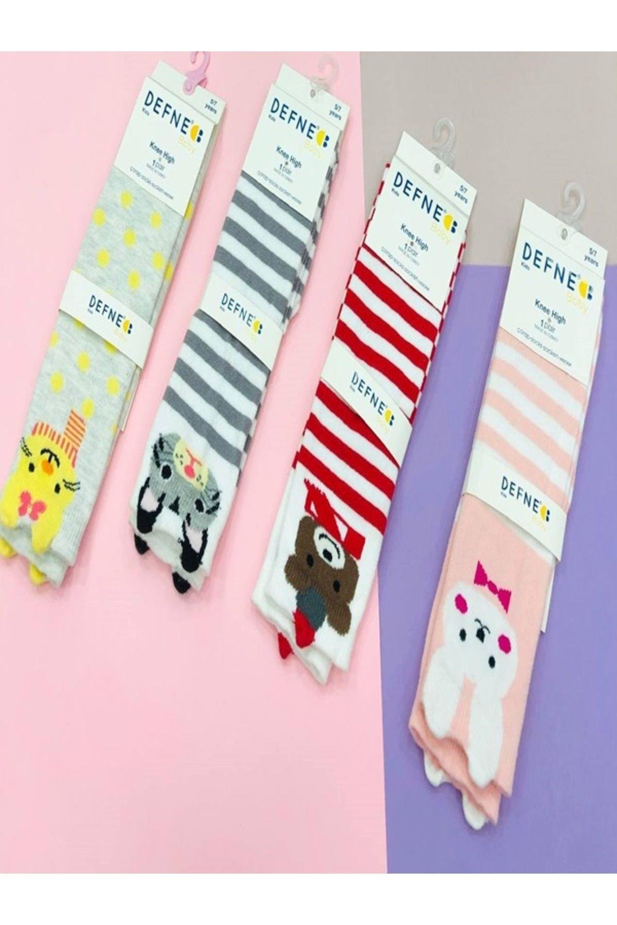 1 Adet Kız Çocuk Anımal Desenli Beyaz Dizaltı Çorabı