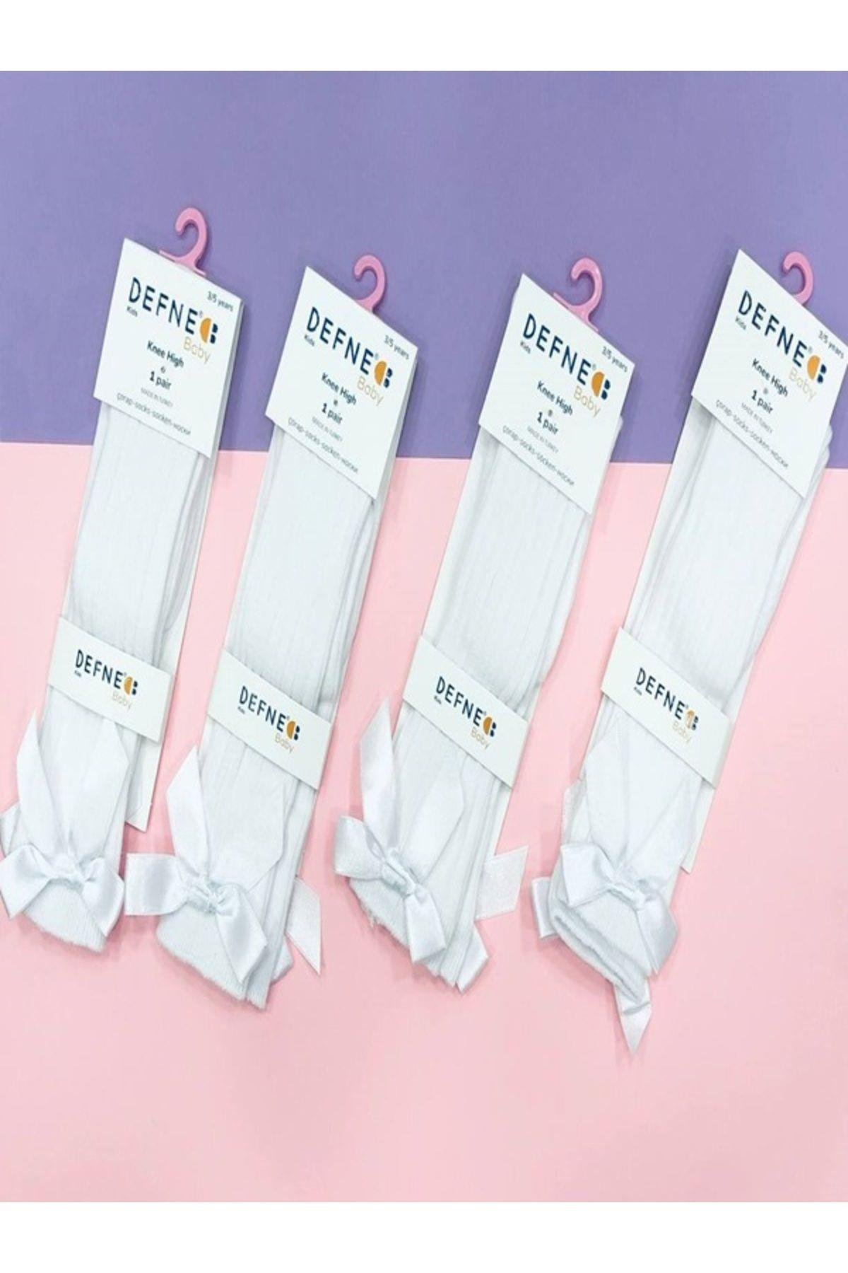 1 Adet Kız Çocuk  Beyaz Fiyonklu Deteylı Cizgili Desenli Dizaltı Çorabı