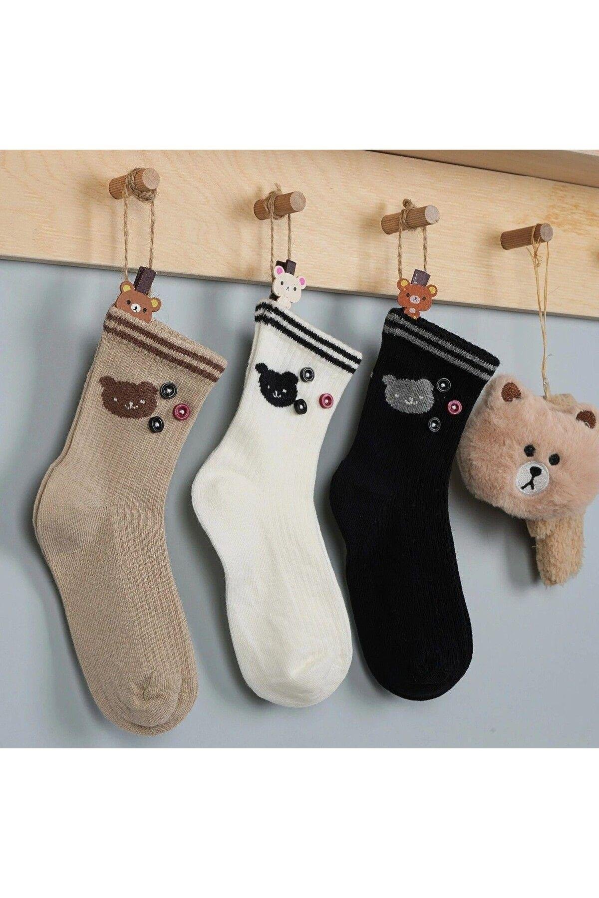 3 Adet Unısex Çocuk Panda Desenli Düğme Aksesuarlı Soket Çorap