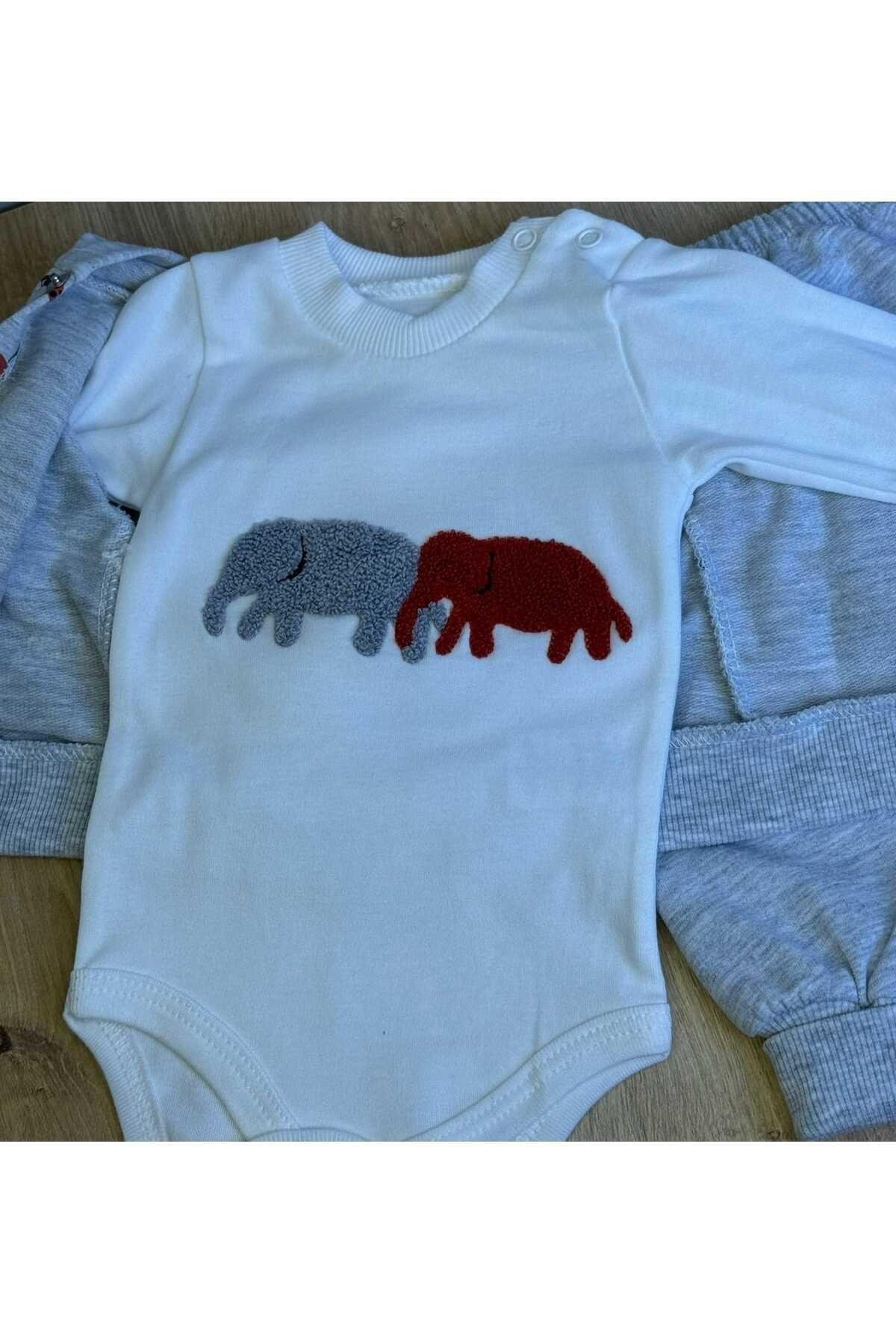 3'Lü Bebek Çocuk Penye 2 İplik Fil Desenli Takım