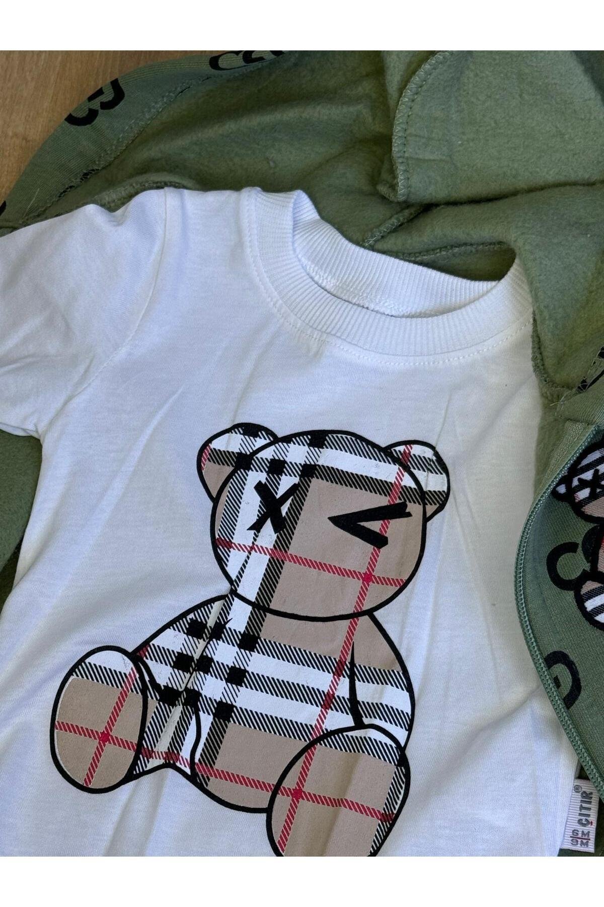 3'Lü Bebek Çocuk Şardonlu Kapişonlu Sweatshirt Uzun Kollu Tshirt Ve Eşohman Altı Takımı