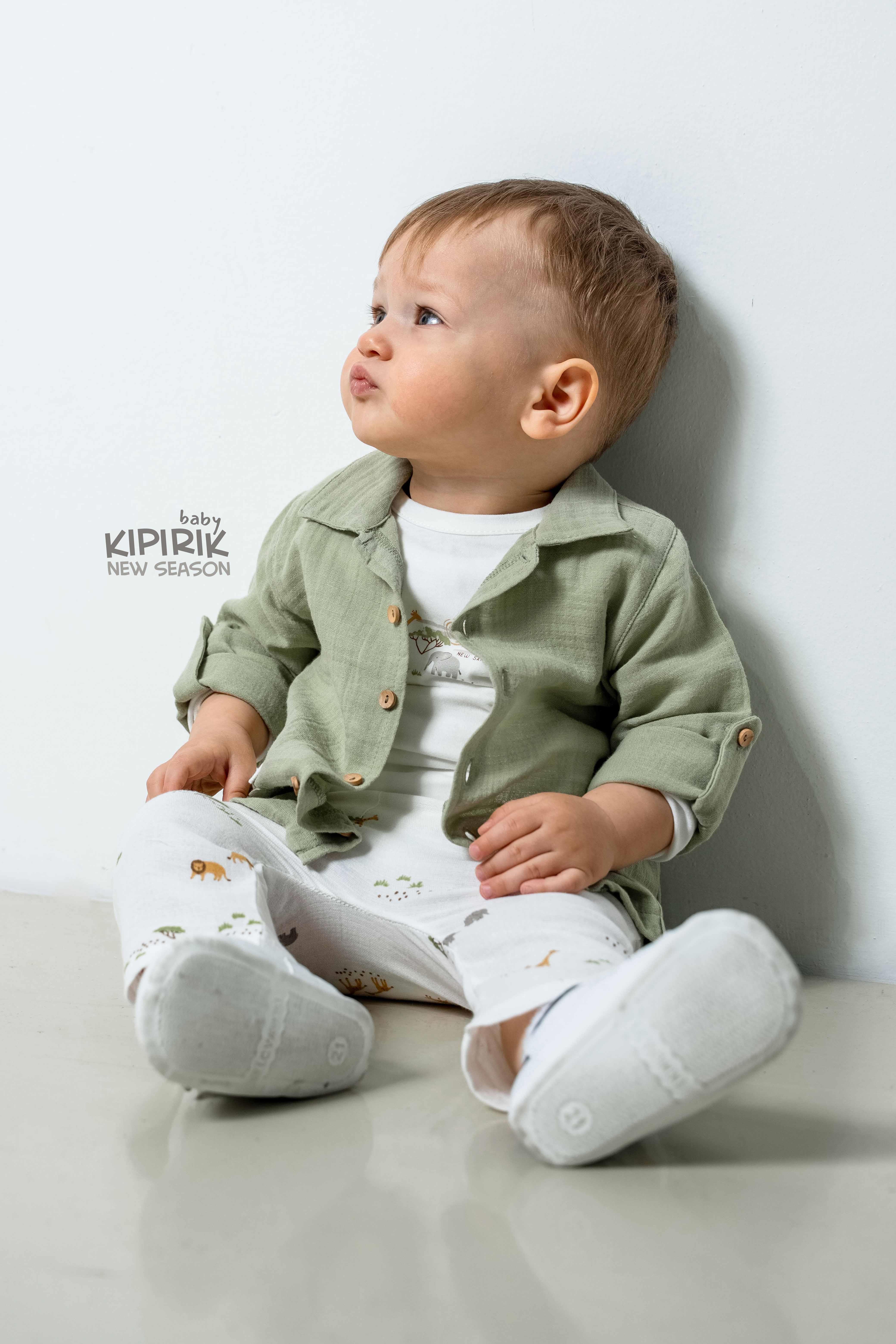 3'lü Bebek Takımı Müslin Gömlek Pantalon Tişört Zürafa Desenli