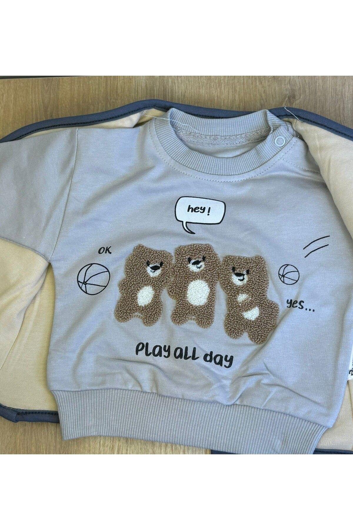 3'Lü Erkek Bebek Çocuk Kapitone Ceket 2 İplik Sweatshirt Ve Pantalon Takım