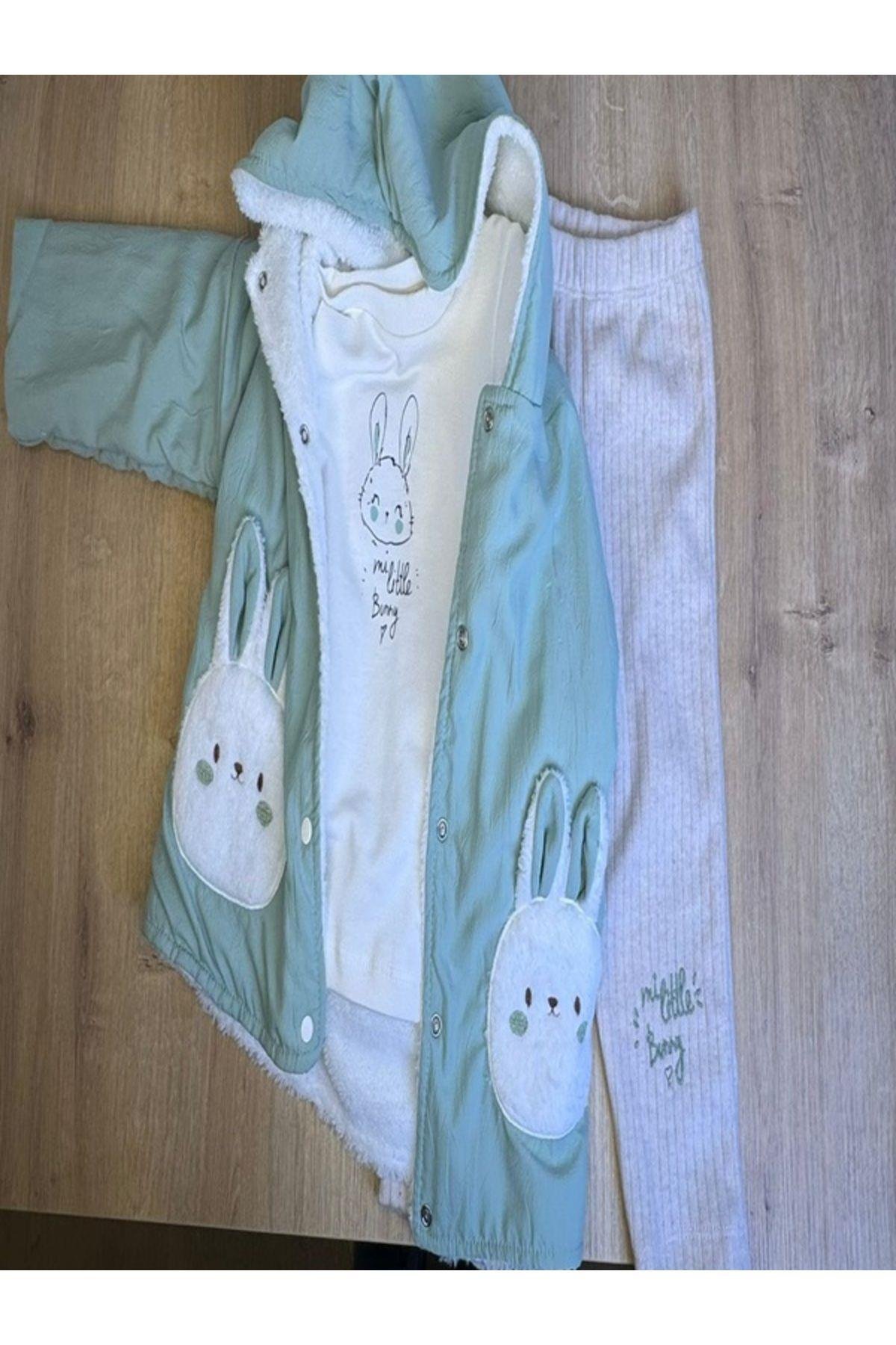 3'Lü Kız Bebek Çocuk İçi Polarlı Ceket 2 İplik Sweatshirt Ve Pantalon Takım
