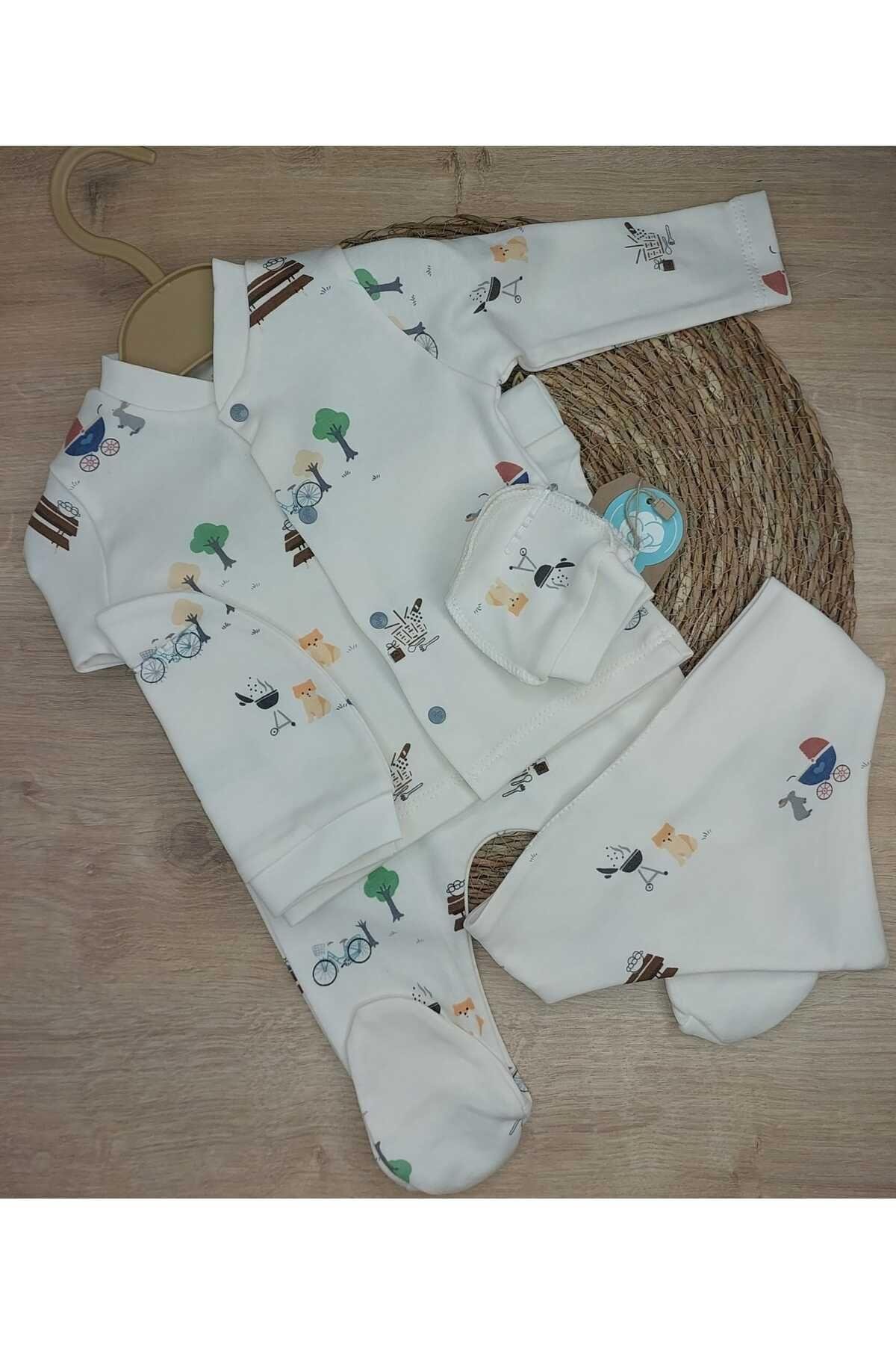 5'Li Kedi Tavşan Desenli Hastane Çıkışı Unısex Bebek Takım 100 % Doğal Pamuk