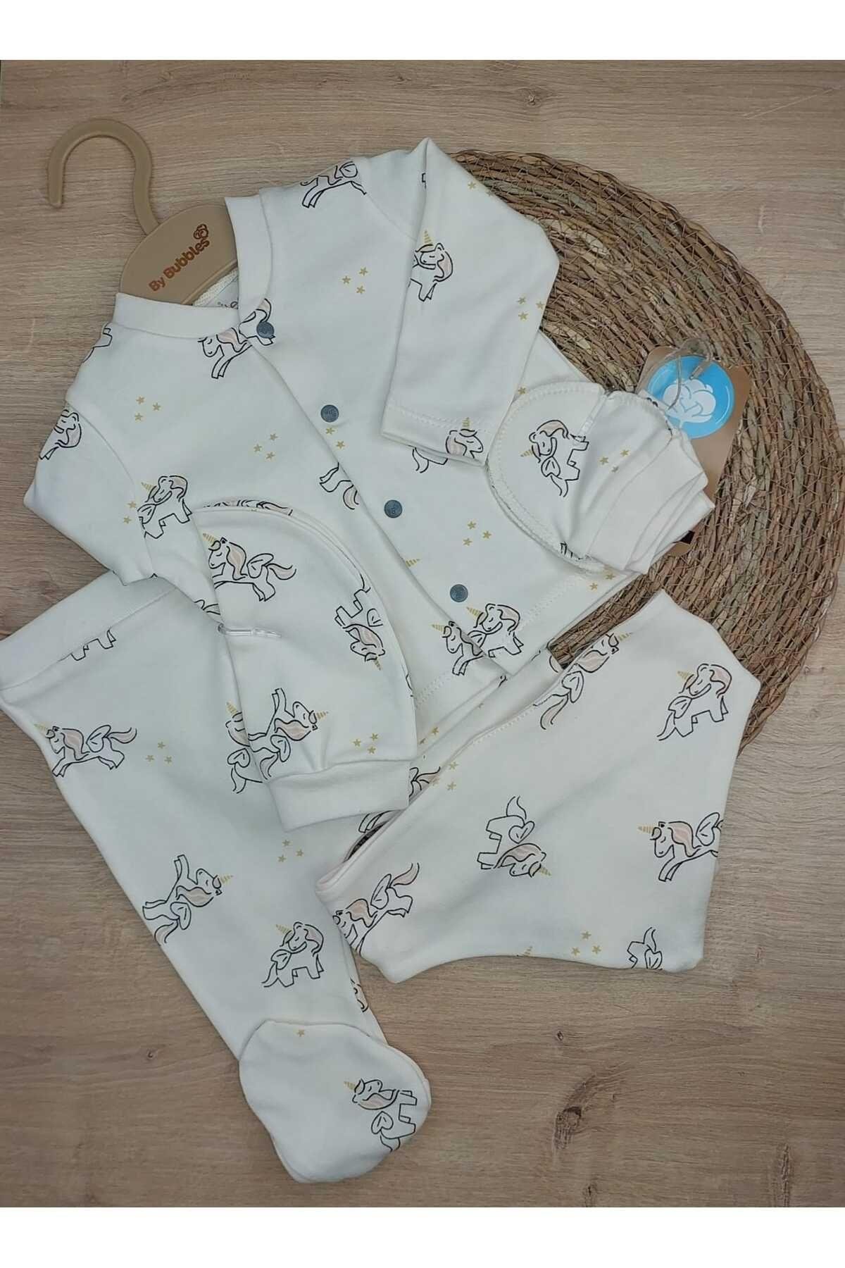 5'Li Unicorn Desenli Hastane Çıkışı Unısex Bebek Takım 100 % Doğal Pamuk