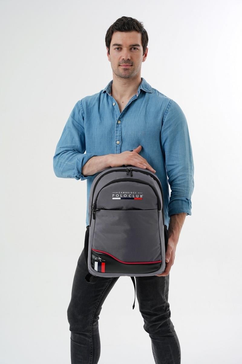 Cambridge Polo Club Unisex Şık Çok Gözlü Günlük Sırt Çantası - Okul Çantası Gri