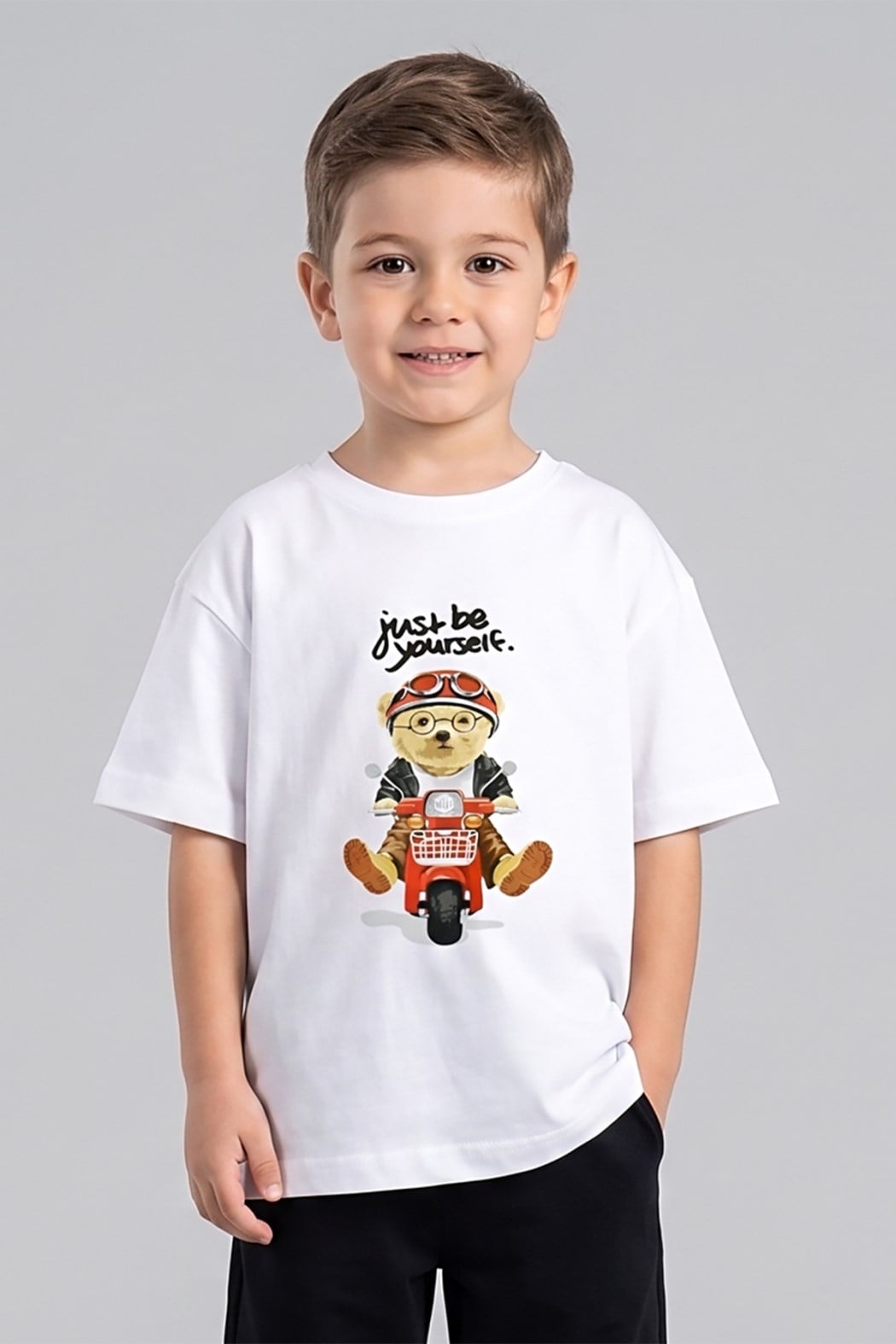 Erkek Çocuk Ayıcık Baskılı Tshirt 1-7 Yaş Beyaz