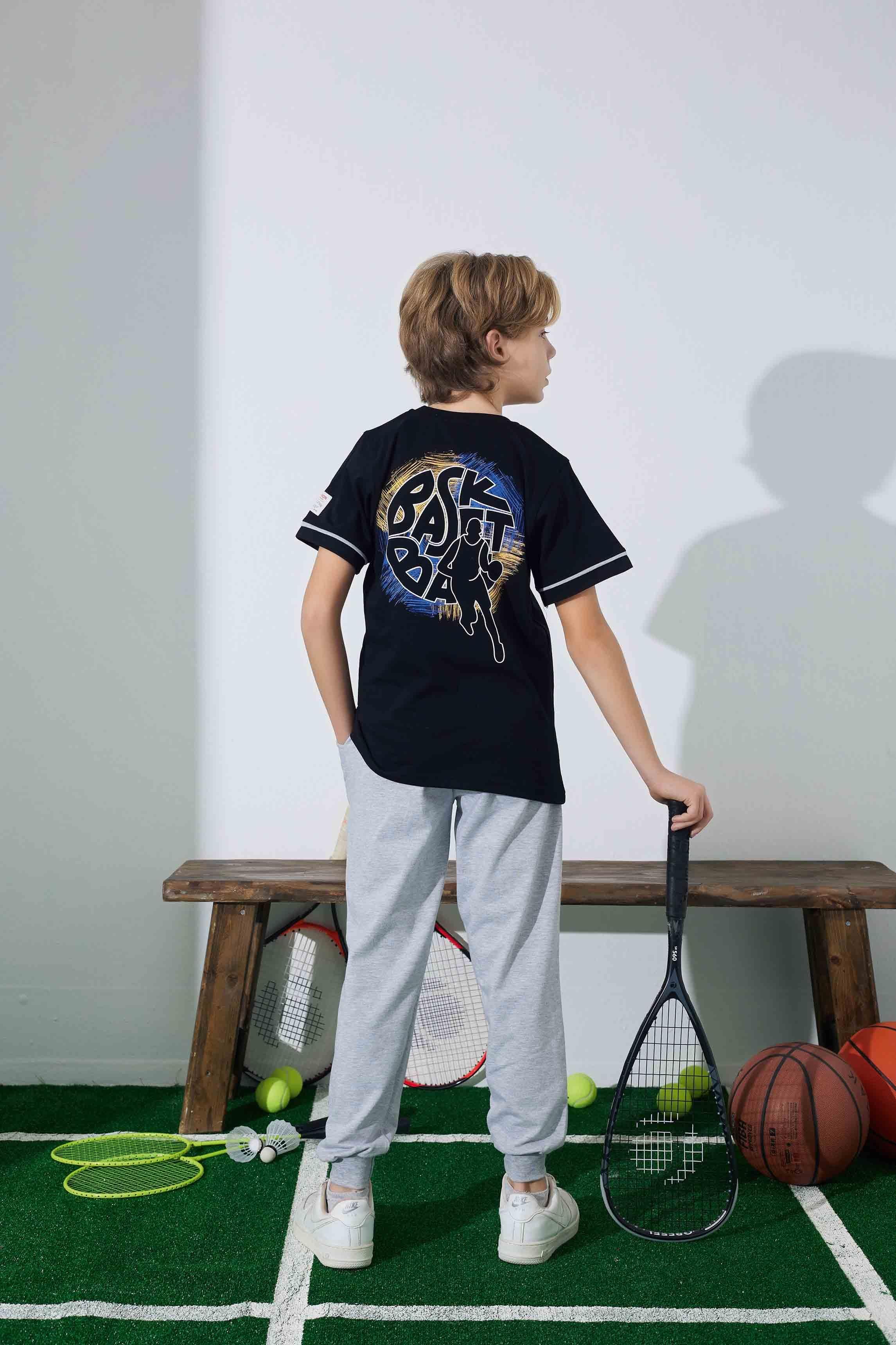 Erkek Çocuk Basketboll Desenli Siyah Pijama Takımı