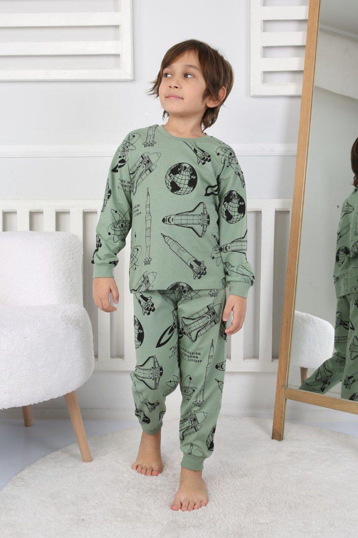 Erkek Çocuk Dünya Uzay Roketi Desenli Uzun Kollu Pijama Takımı