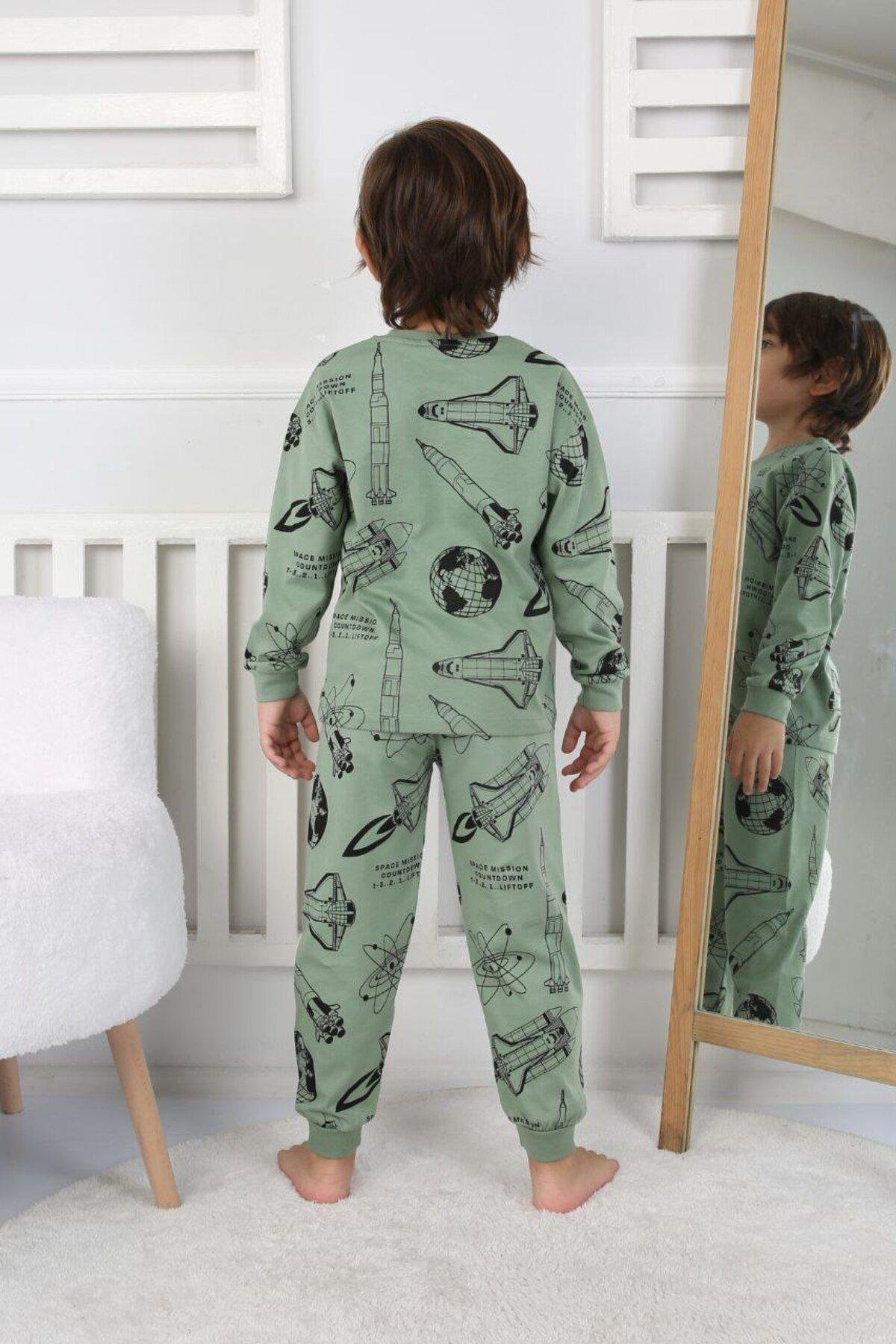 Erkek Çocuk Dünya Uzay Roketi Desenli Uzun Kollu Pijama Takımı