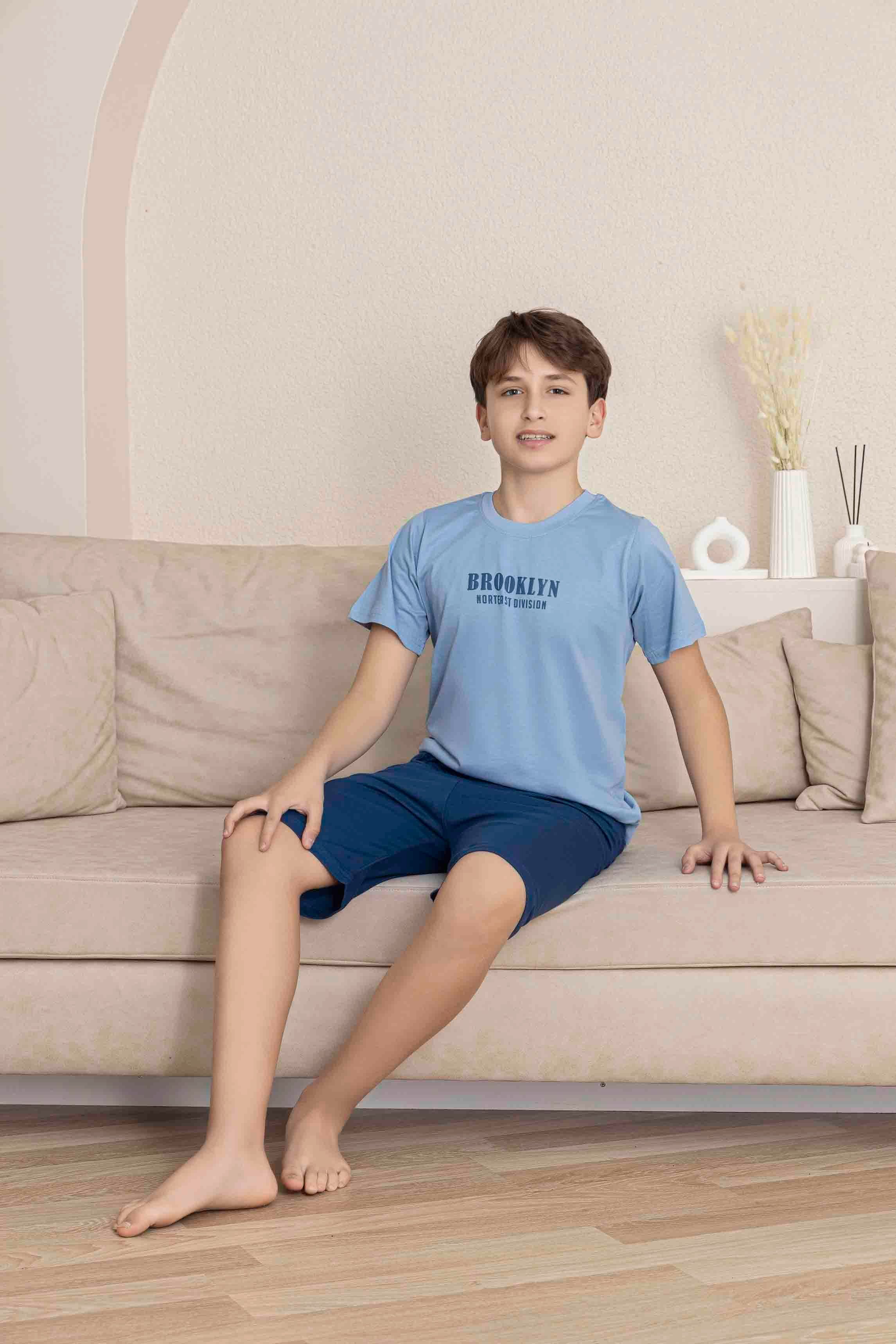 Erkek Çocuk  Mavi Desenli Şortlu  Pijama Takımı