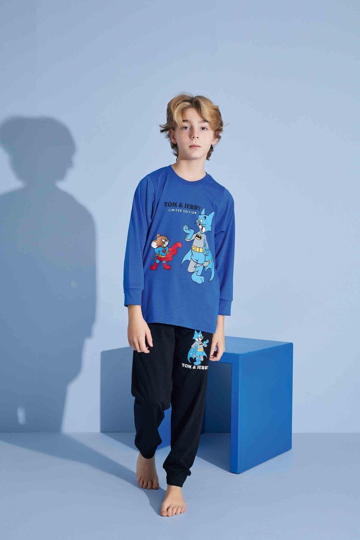 Erkek Çocuk Sevimli Kedi Desenli Uzun Kollu Pijama Takımı
