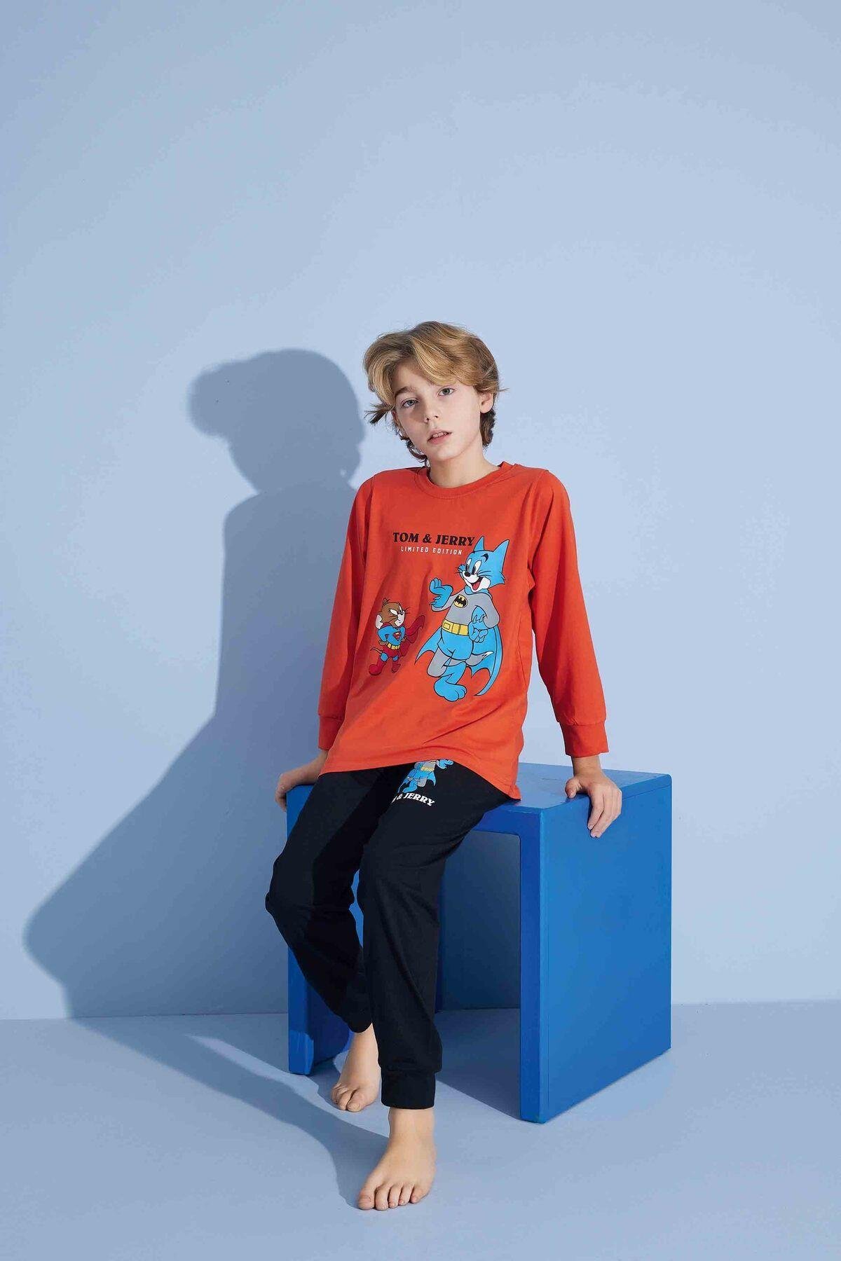 Erkek Çocuk Sevimli Kedi Desenli Uzun Kollu Pijama Takımı