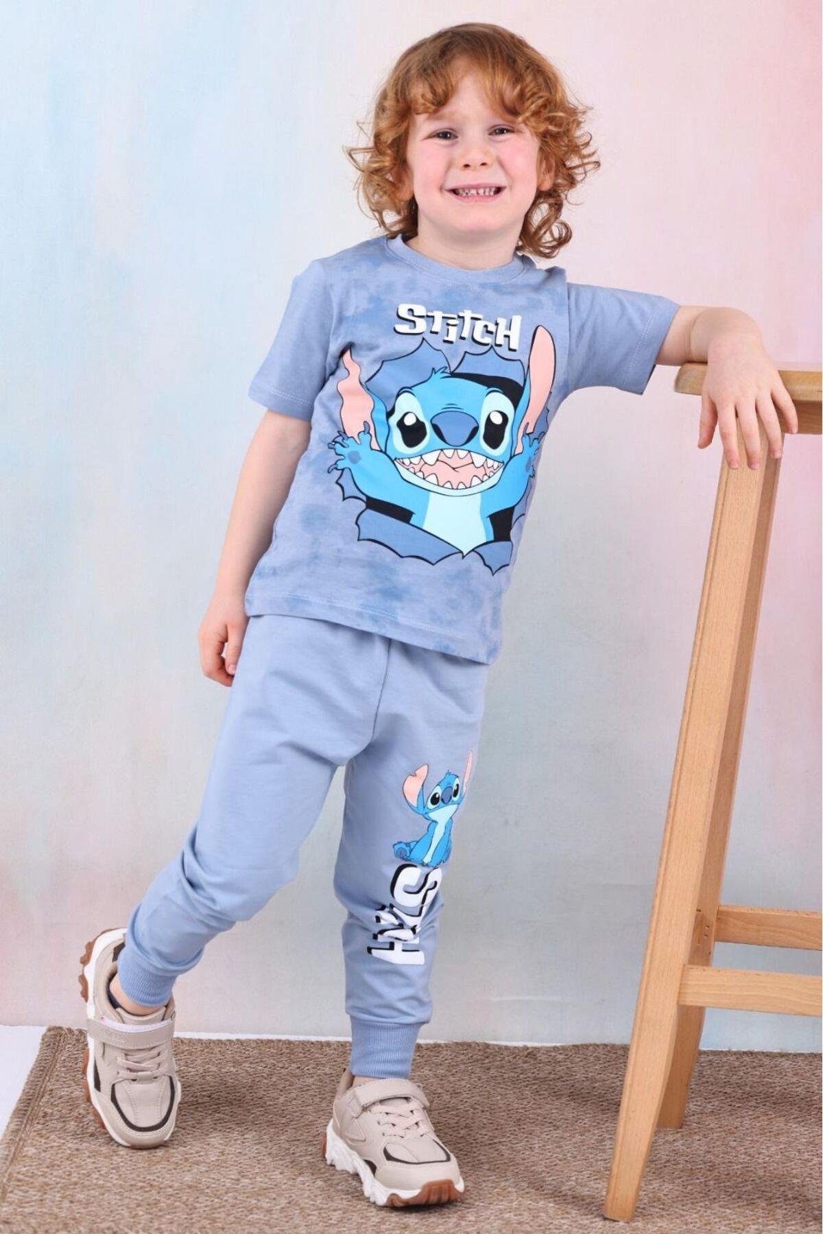 Erkek Çocuk Stitch Desenli Kısa Kollu Tshırt Eşofman 2'Li Takım