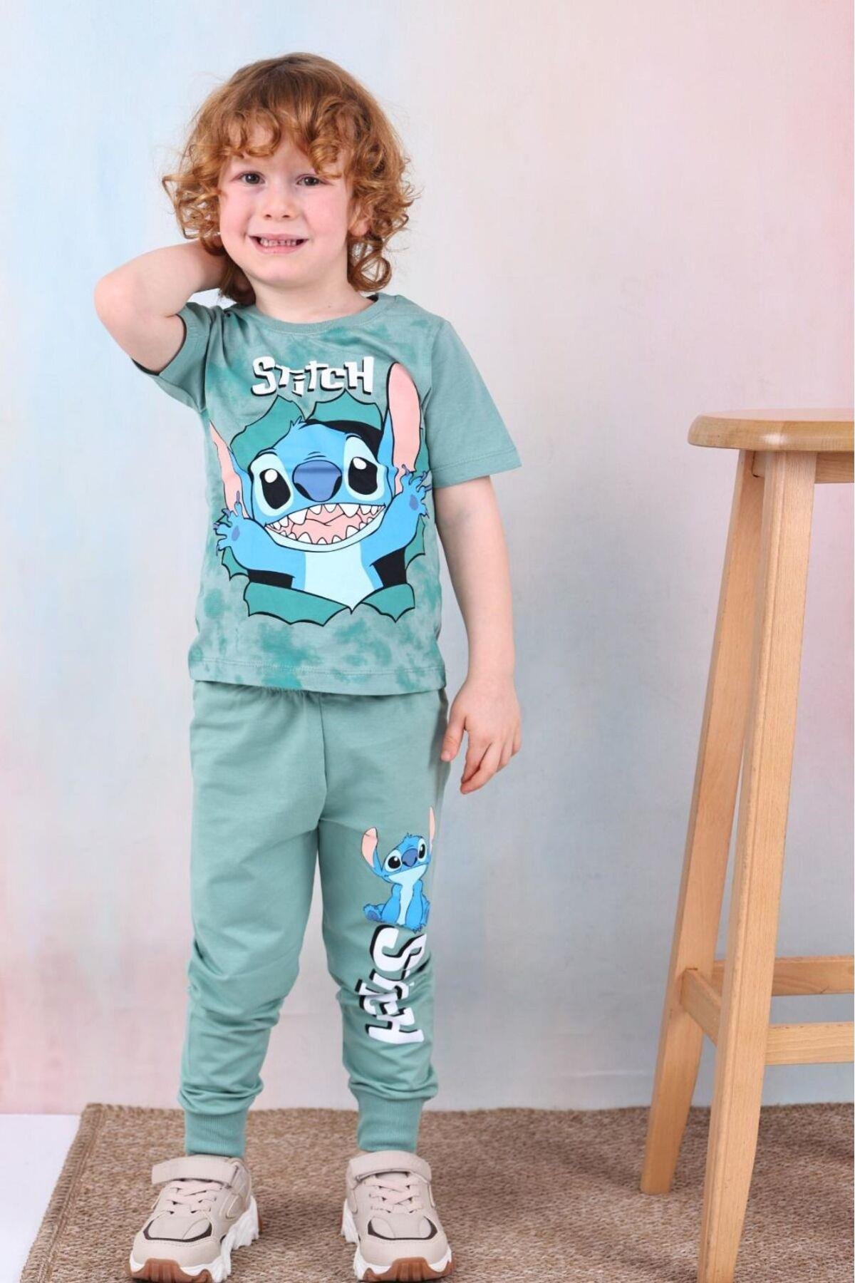 Erkek Çocuk Stitch Desenli Kısa Kollu Tshırt Eşofman 2'Li Takım