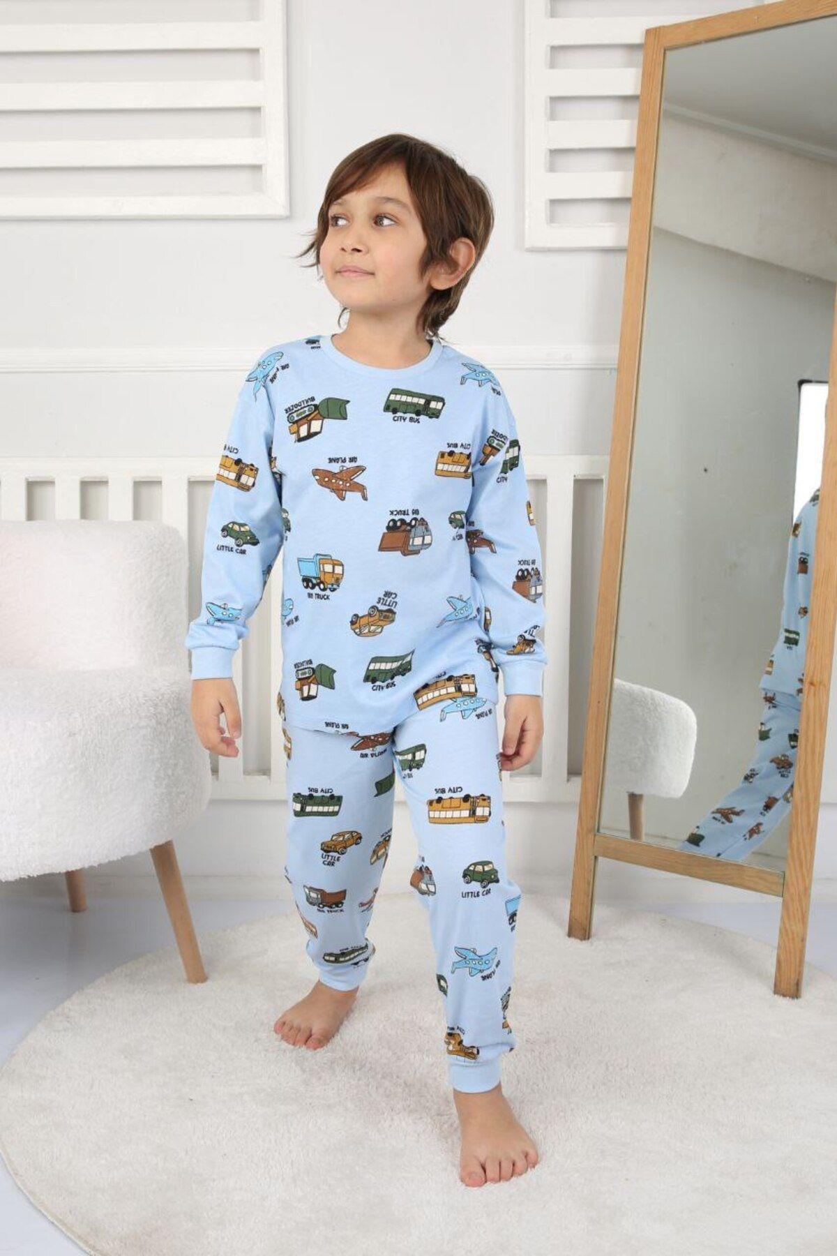 Erkek Çocuk Taşıtlar Desenli Uzun Kollu Pijama Takımı