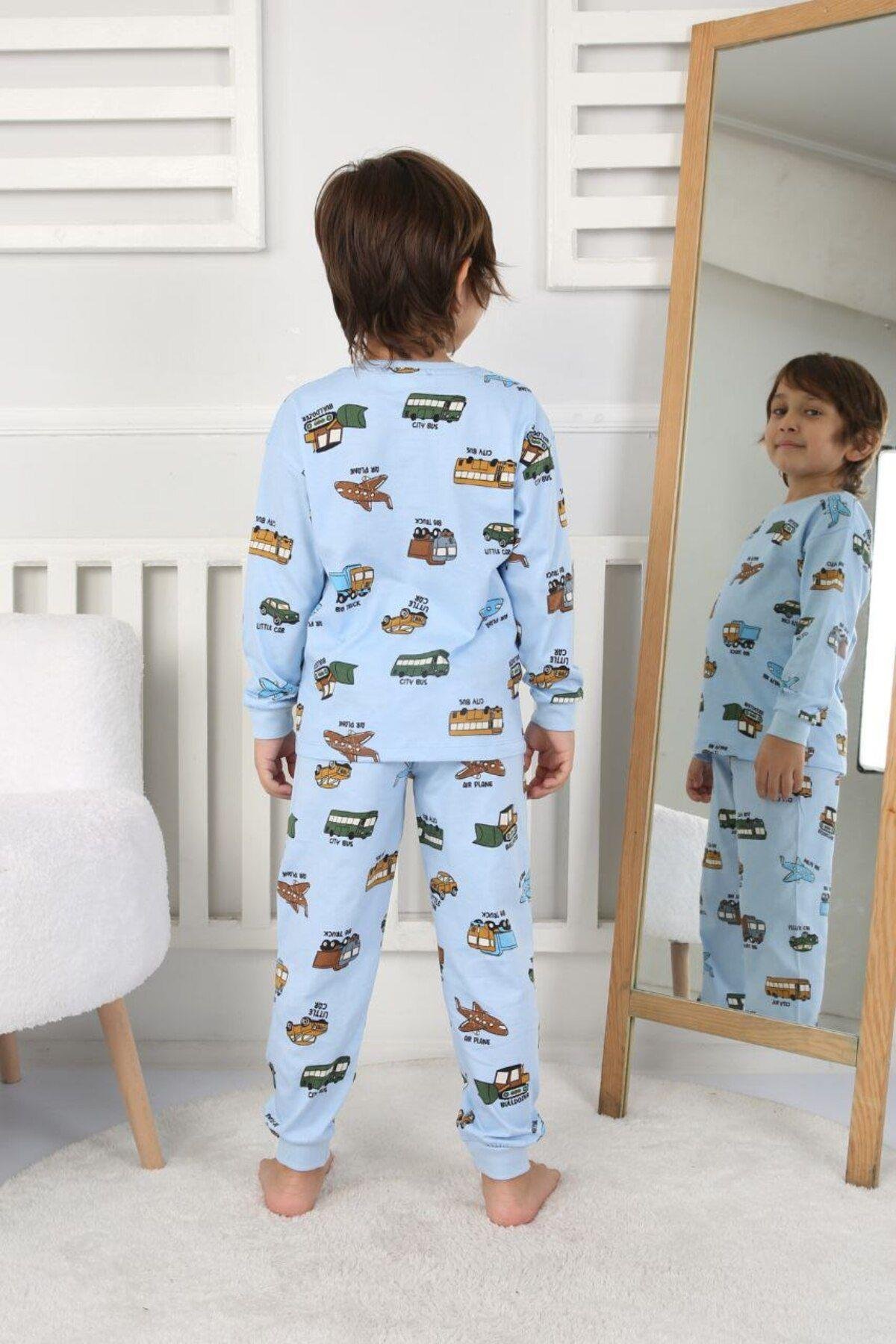 Erkek Çocuk Taşıtlar Desenli Uzun Kollu Pijama Takımı