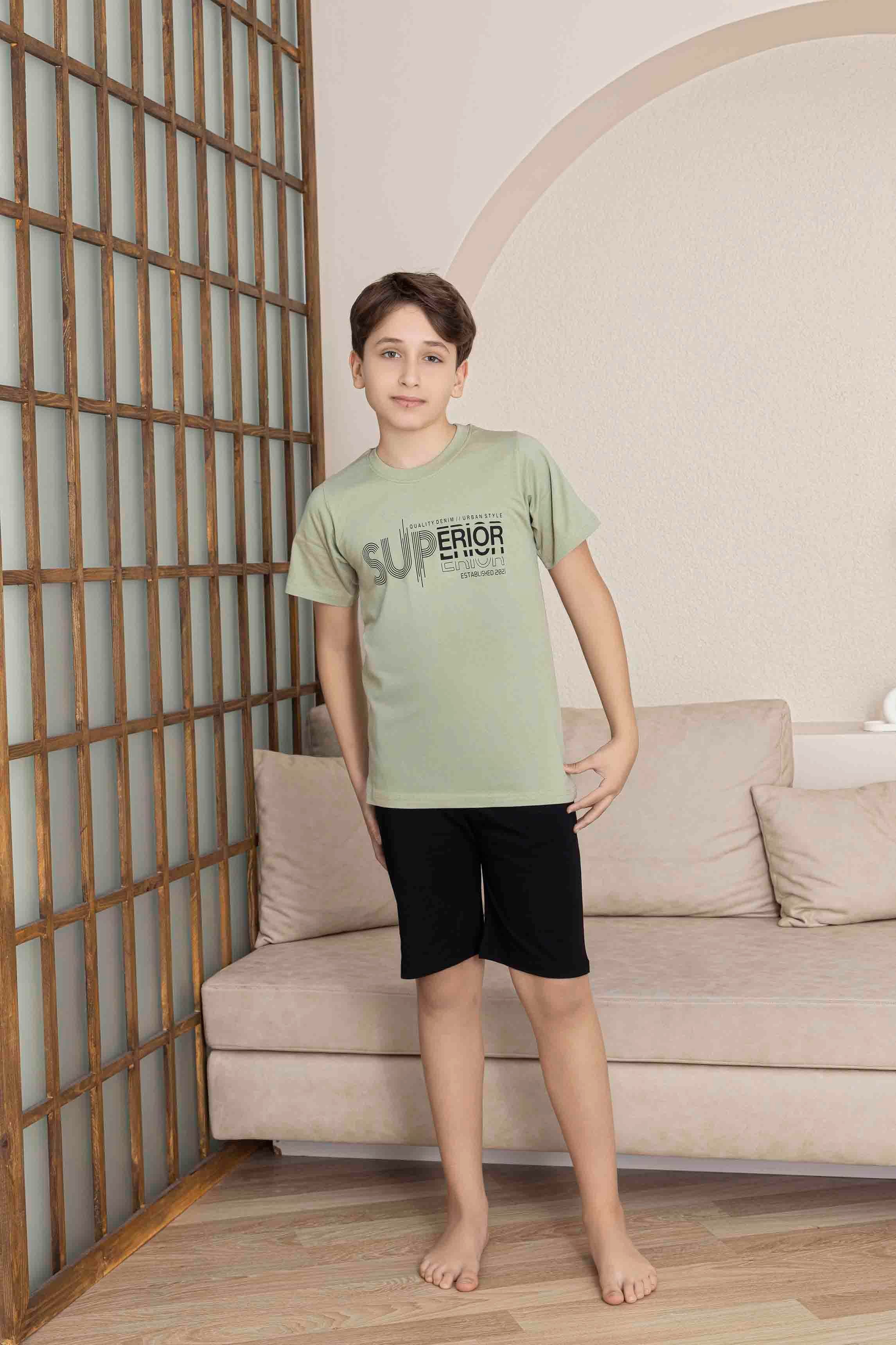 Erkek Çocuk  Yeşil Desenli Şortlu  Pijama Takımı