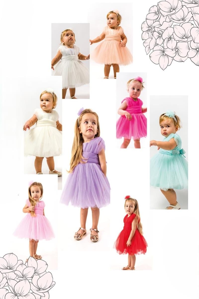 Kız Bebek Pudra Tül Abiye Çiçek Taçlı Tül Elbise