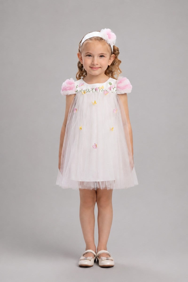 Kız Bebek Tül ve Kelebek  Detaylı Elbise Ekru (6-24 Ay) 36075PR