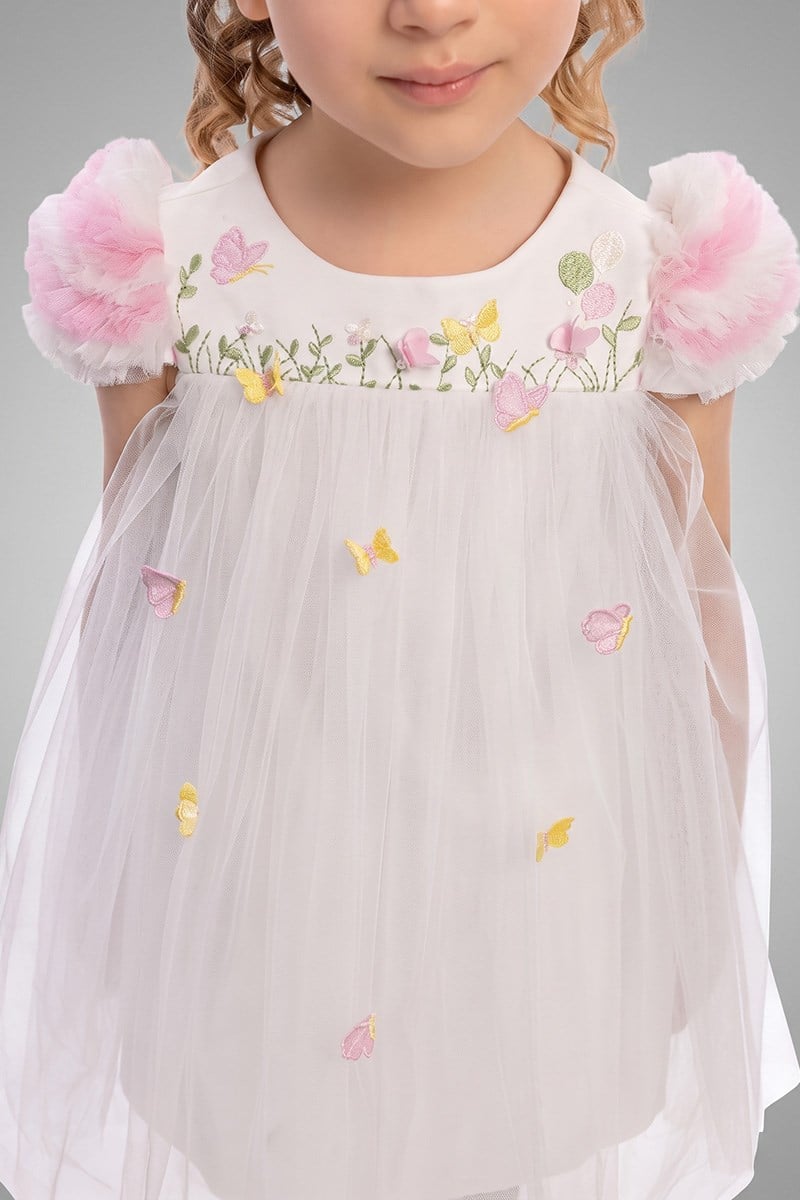 Kız Bebek Tül ve Kelebek  Detaylı Elbise Ekru (6-24 Ay) 36075PR