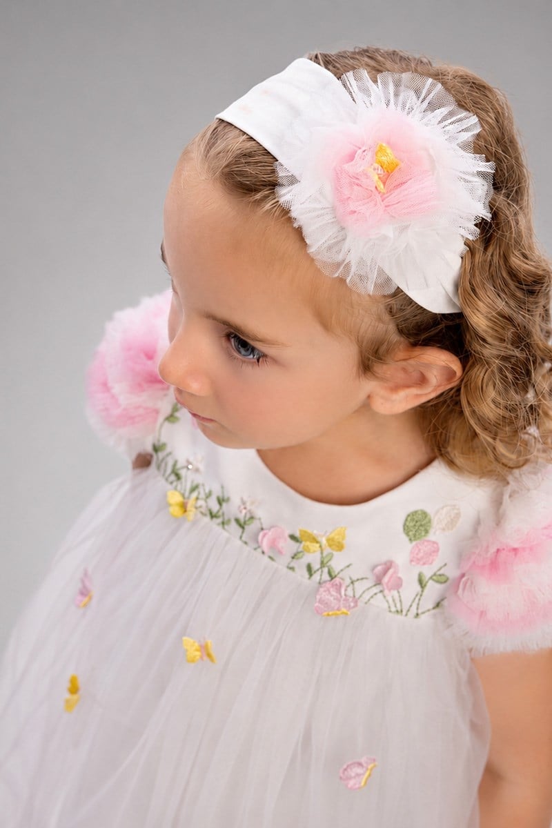 Kız Bebek Tül ve Kelebek  Detaylı Elbise Ekru (6-24 Ay) 36075PR