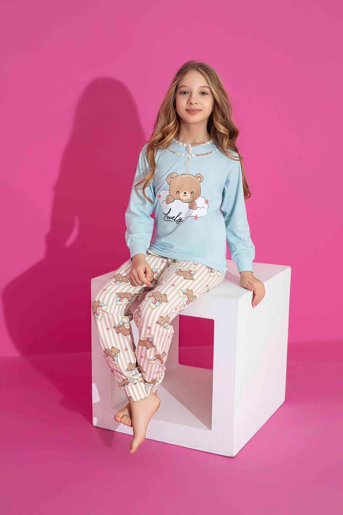 Kız Çocuk Ayıcık Desenli Uzun Kollu Pijama Takımı