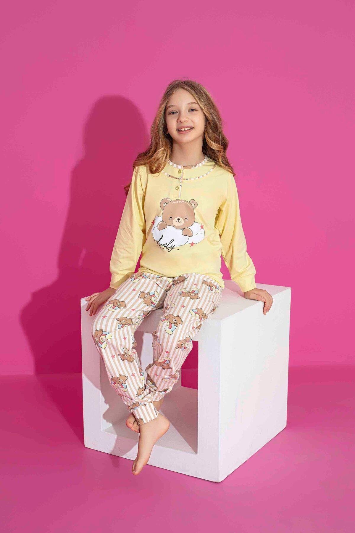 Kız Çocuk Ayıcık Desenli Uzun Kollu Pijama Takımı