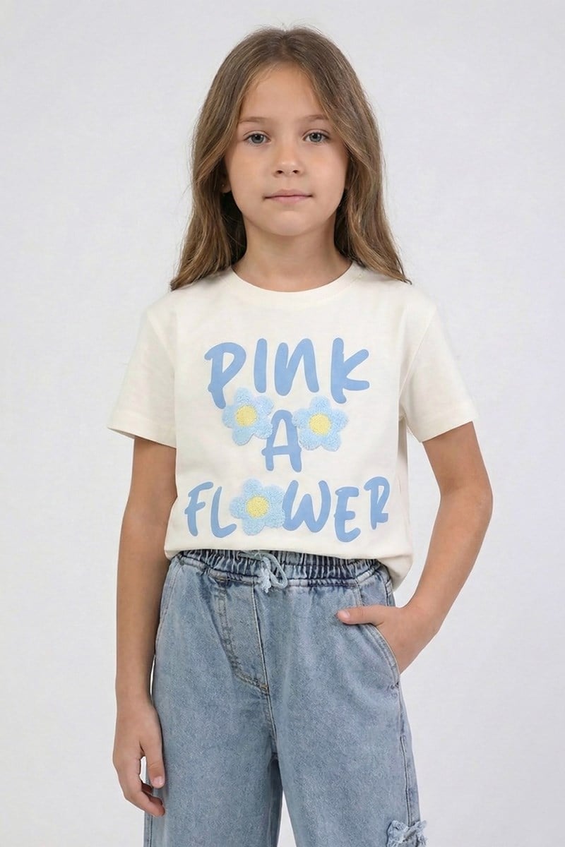Kız Çocuk Çiçek İşlemeli Tshirt Mavi 4-9 Yaş