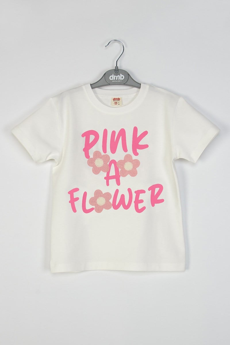 Kız Çocuk Çiçek İşlemeli Tshirt Pembe 4-9 Yaş
