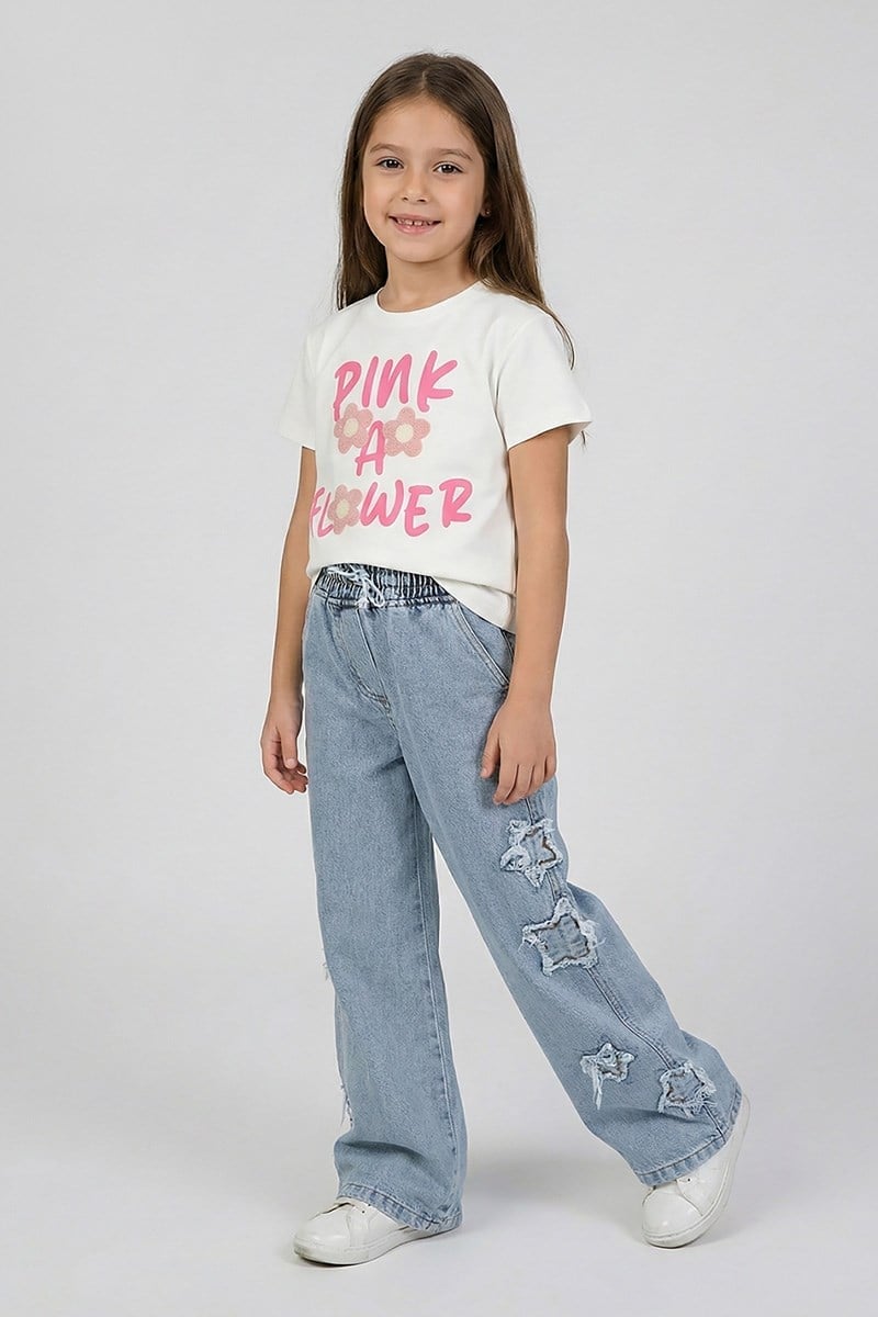 Kız Çocuk Çiçek İşlemeli Tshirt Pembe 4-9 Yaş