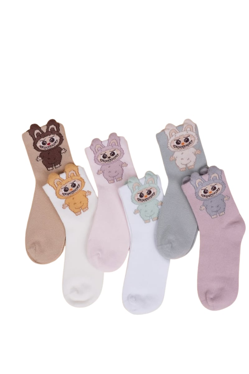Kız Çocuk Çorap Soket 6 Çift Beyaz-Gri-Pembe-Kahve-Krem-Gülkurusu