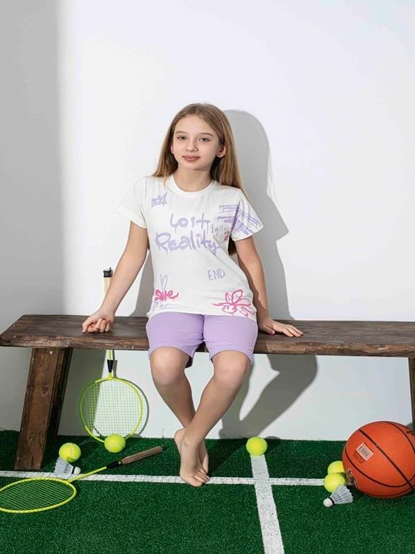 Kız Çocuk Desenli Lila Şortlu Pijama Takımı