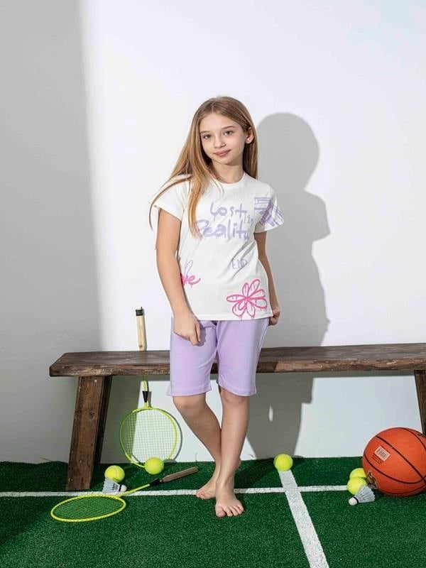 Kız Çocuk Desenli Lila Şortlu Pijama Takımı