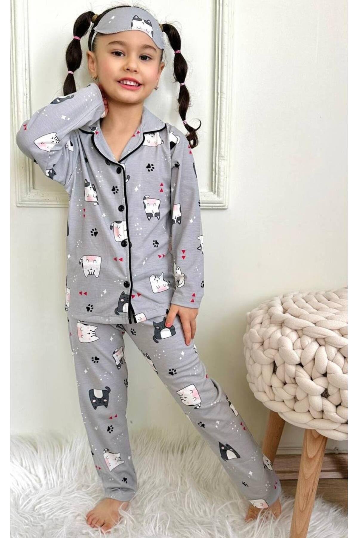 Kız Çocuk Düğmeli Kedi Desenli Uzun Kollu Pijama Takımı