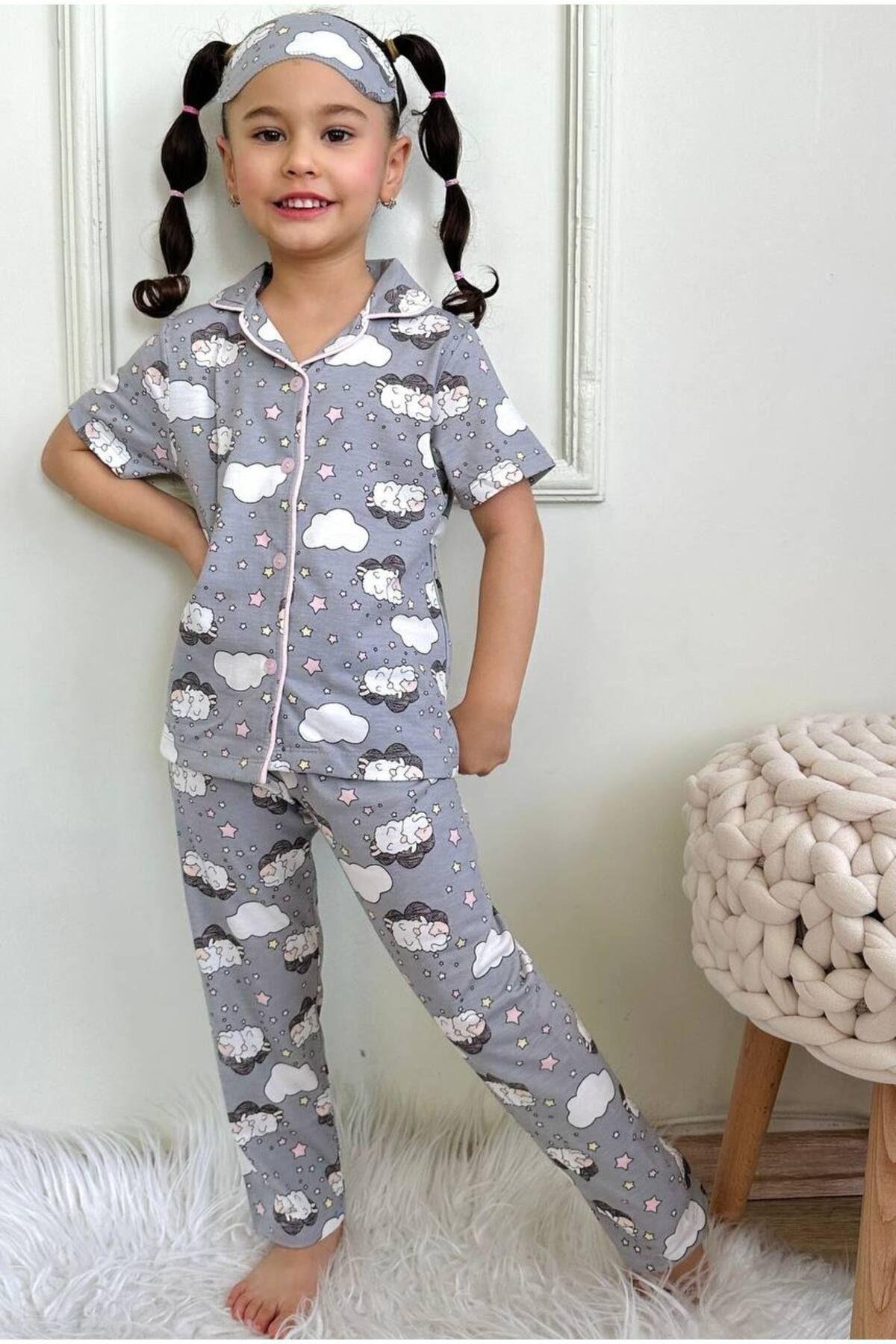 Kız Çocuk Düğmeli  Koyun Desenli Uzun Kollu Pijama Takımı
