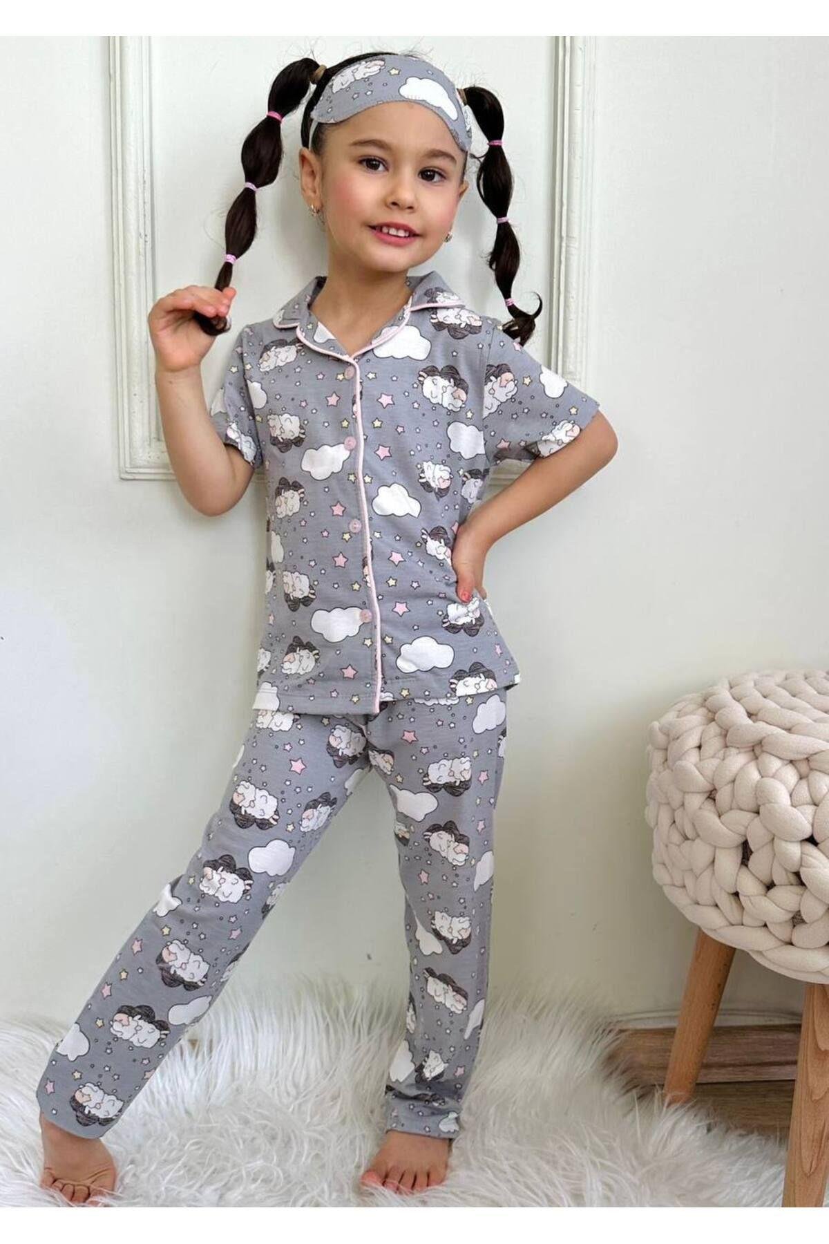 Kız Çocuk Düğmeli  Koyun Desenli Uzun Kollu Pijama Takımı