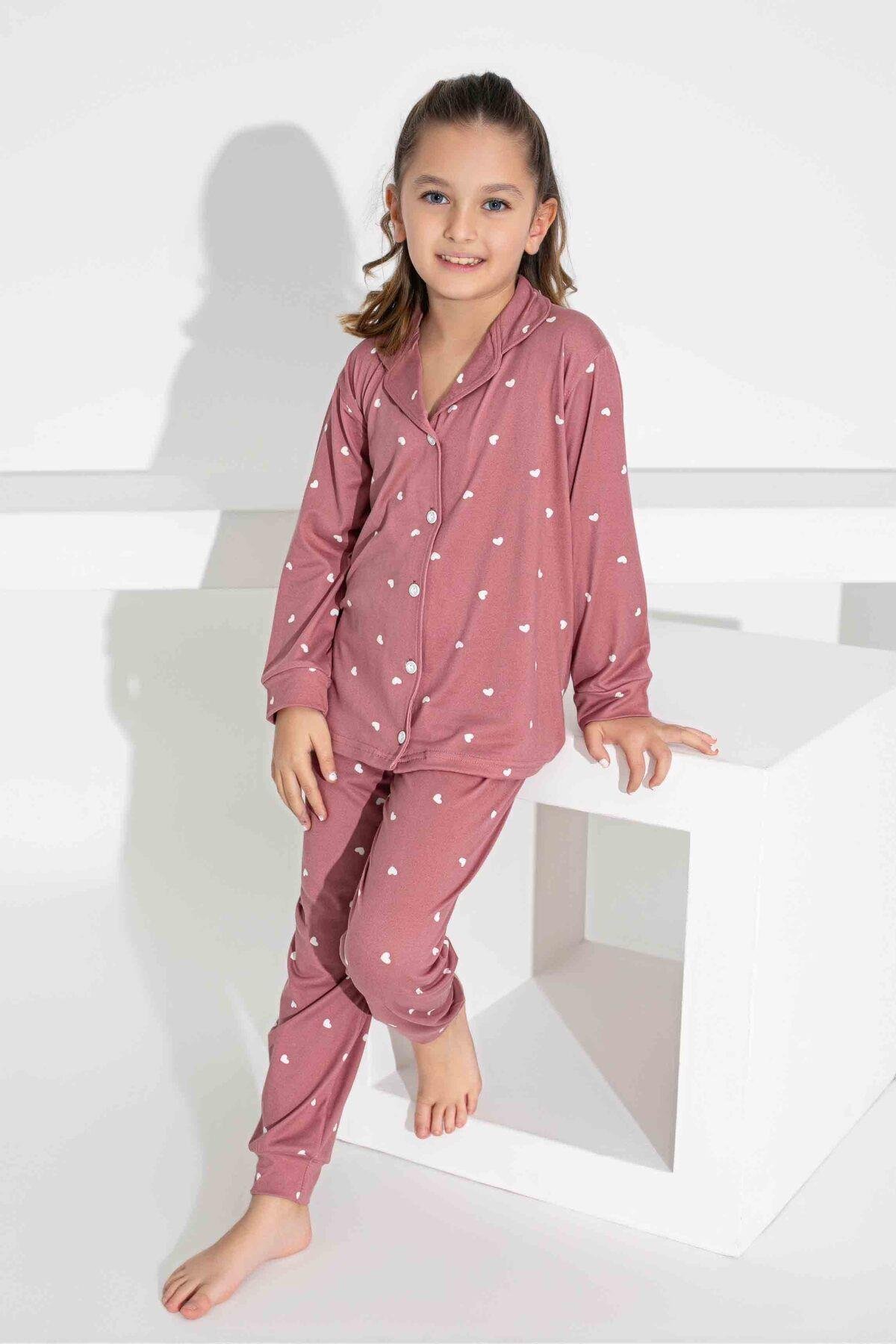 Kız Çocuk Kalp Desenli Düğmeli Uzun Kollu  Pijama Takımı
