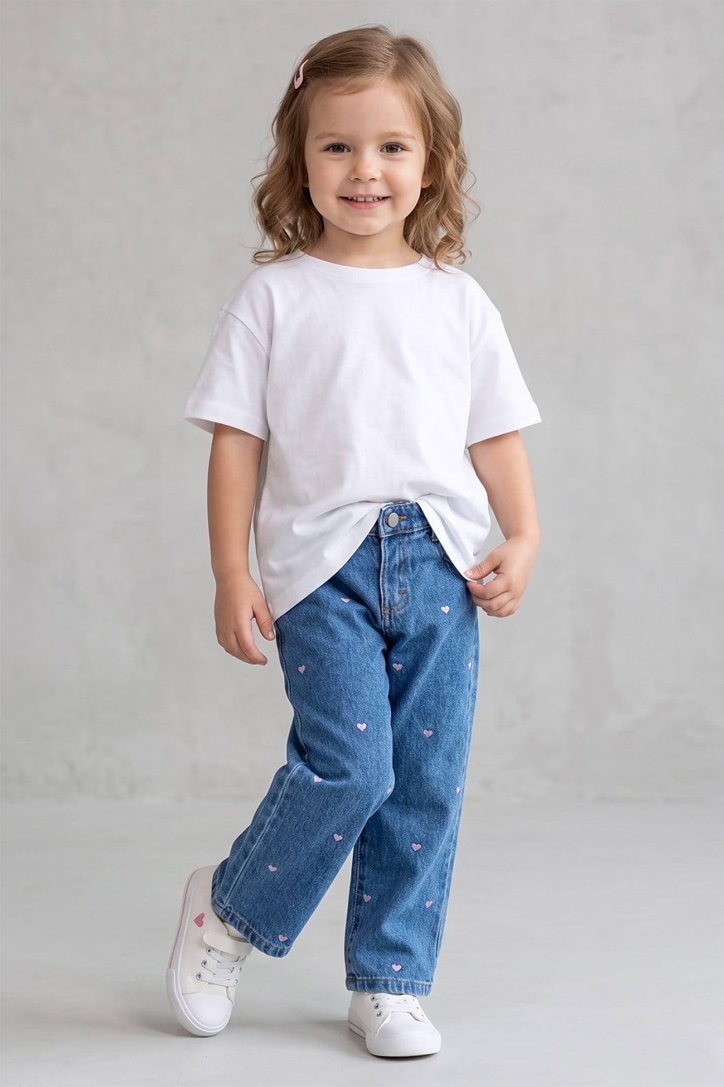 Kız  Çocuk Kalp Nakışlı Denim Kot Pantolon Mavi 2-7 Yaş