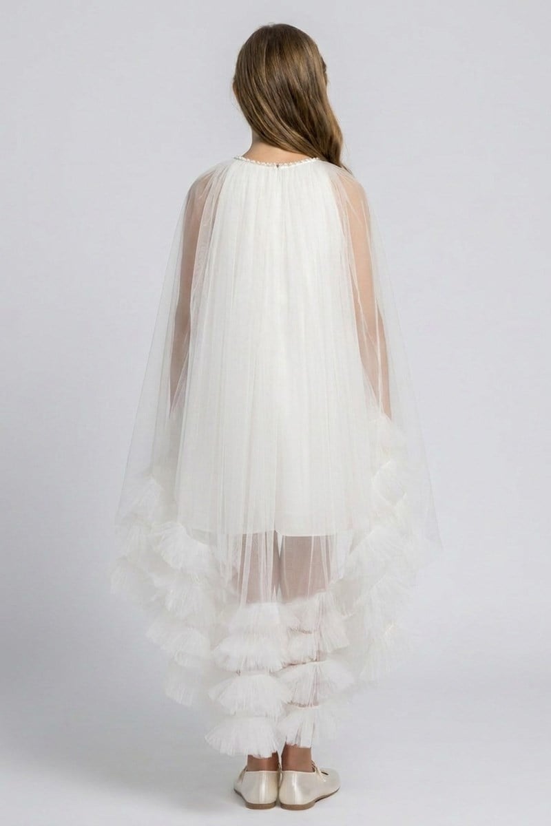 Kız Çocuk Katmanlı Tül Pelerinli Doğum Günü - Parti - MezuniyetElbisesi 8-14 YAŞ 36125PR-Ekru