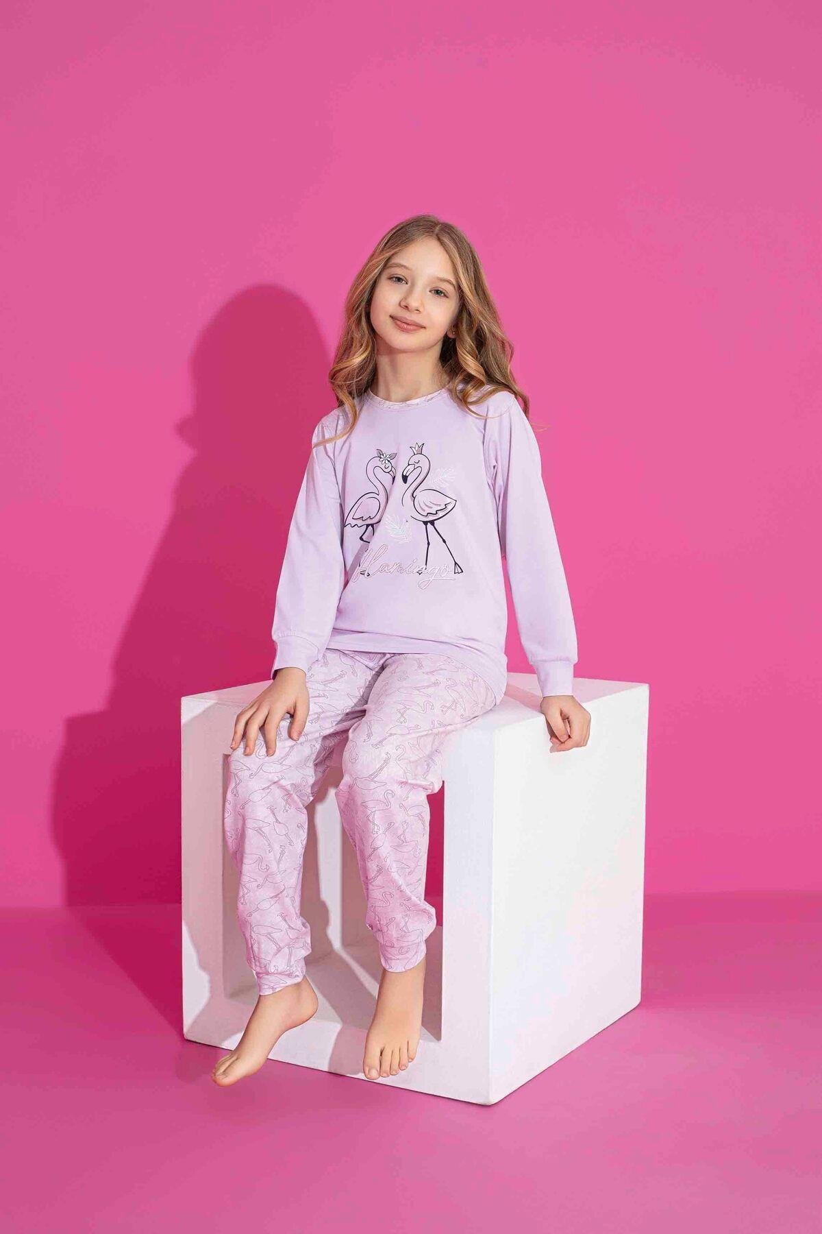 Kız Çocuk Kuğu Desenli Uzun Kollu Pijama Takımı