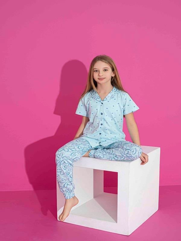 Kız Çocuk Önden Düğmeli Kalp Desenli Mavi Pijama Takımı