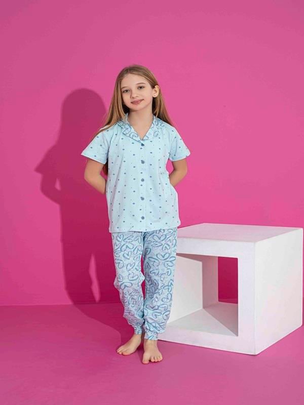 Kız Çocuk Önden Düğmeli Kalp Desenli Mavi Pijama Takımı