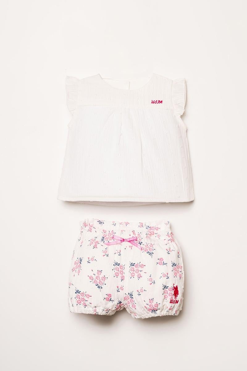 U.S. Polo Assn Kız Bebek  2 li Şort T-şhirt Takım Beyaz-Pembe