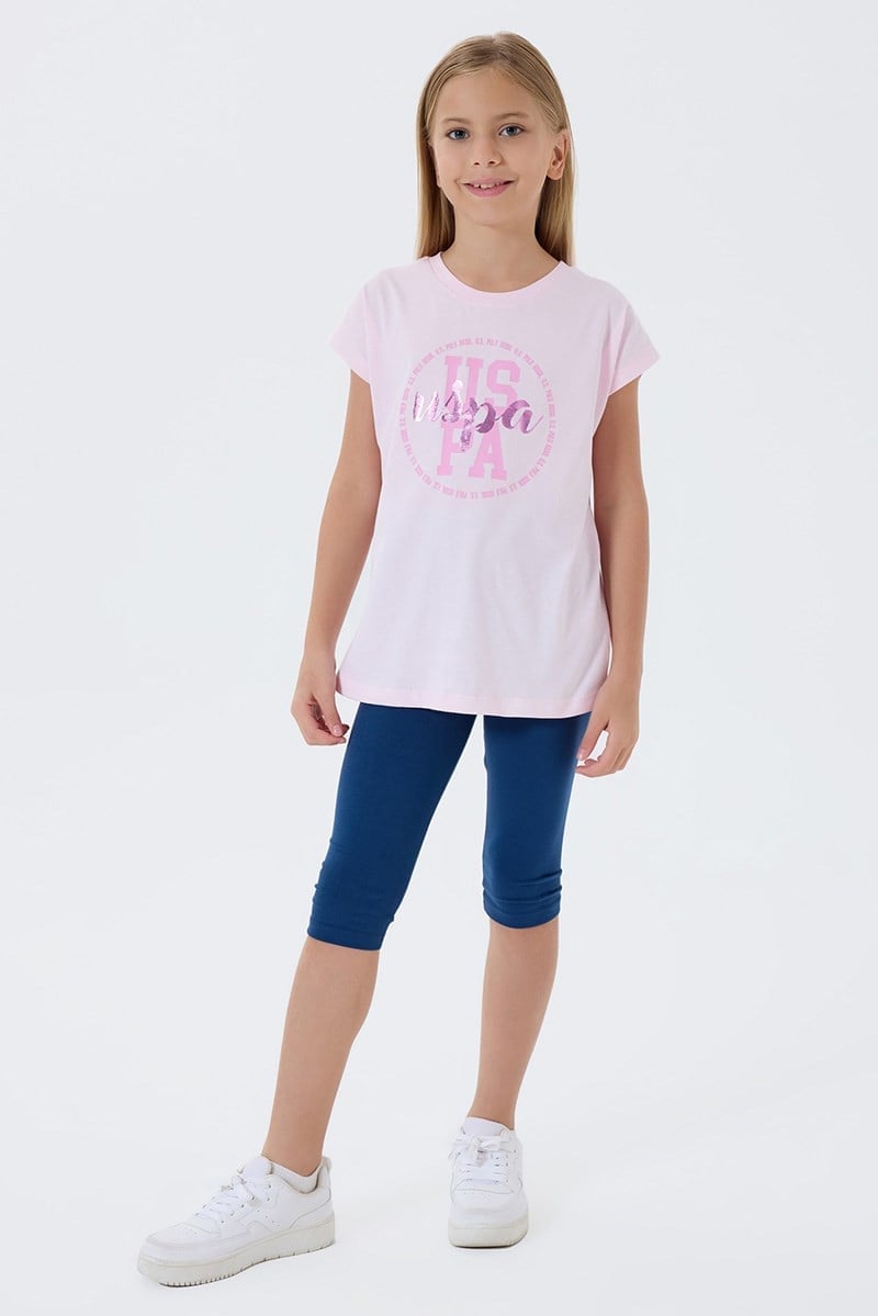 U.S. Polo Assn Kız Çocuk  Kapri Taytlı 2'li Takım Pembe