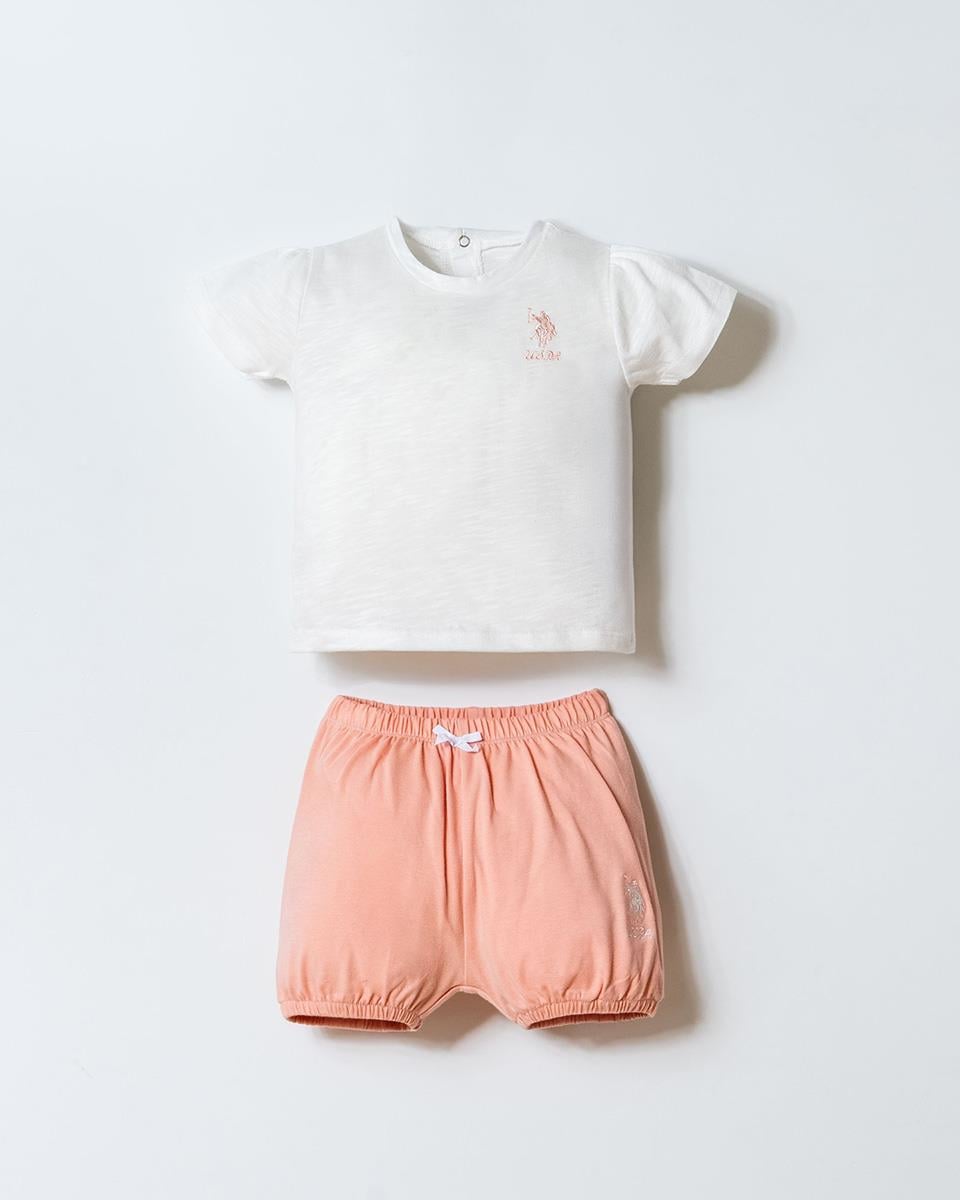 U.S. Polo Assn Kız Bebek  2 li Şort T-şhirt Takım Beyaz-Pudra